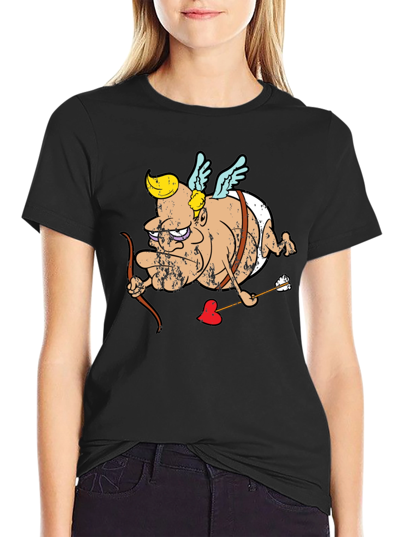Cupid Cartoon Graphic T-Shirt - Black