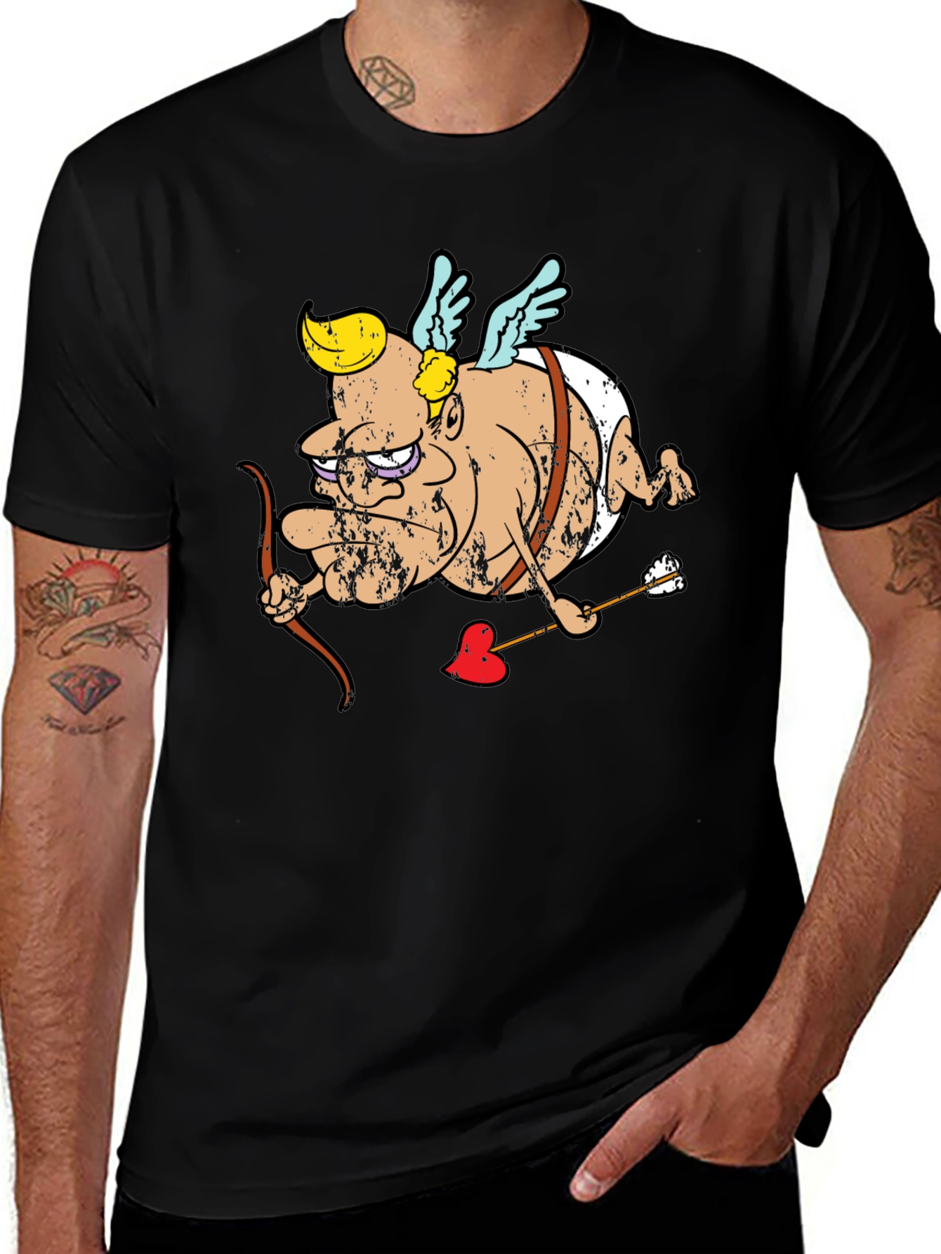 Cupid Cartoon Graphic T-Shirt - Black
