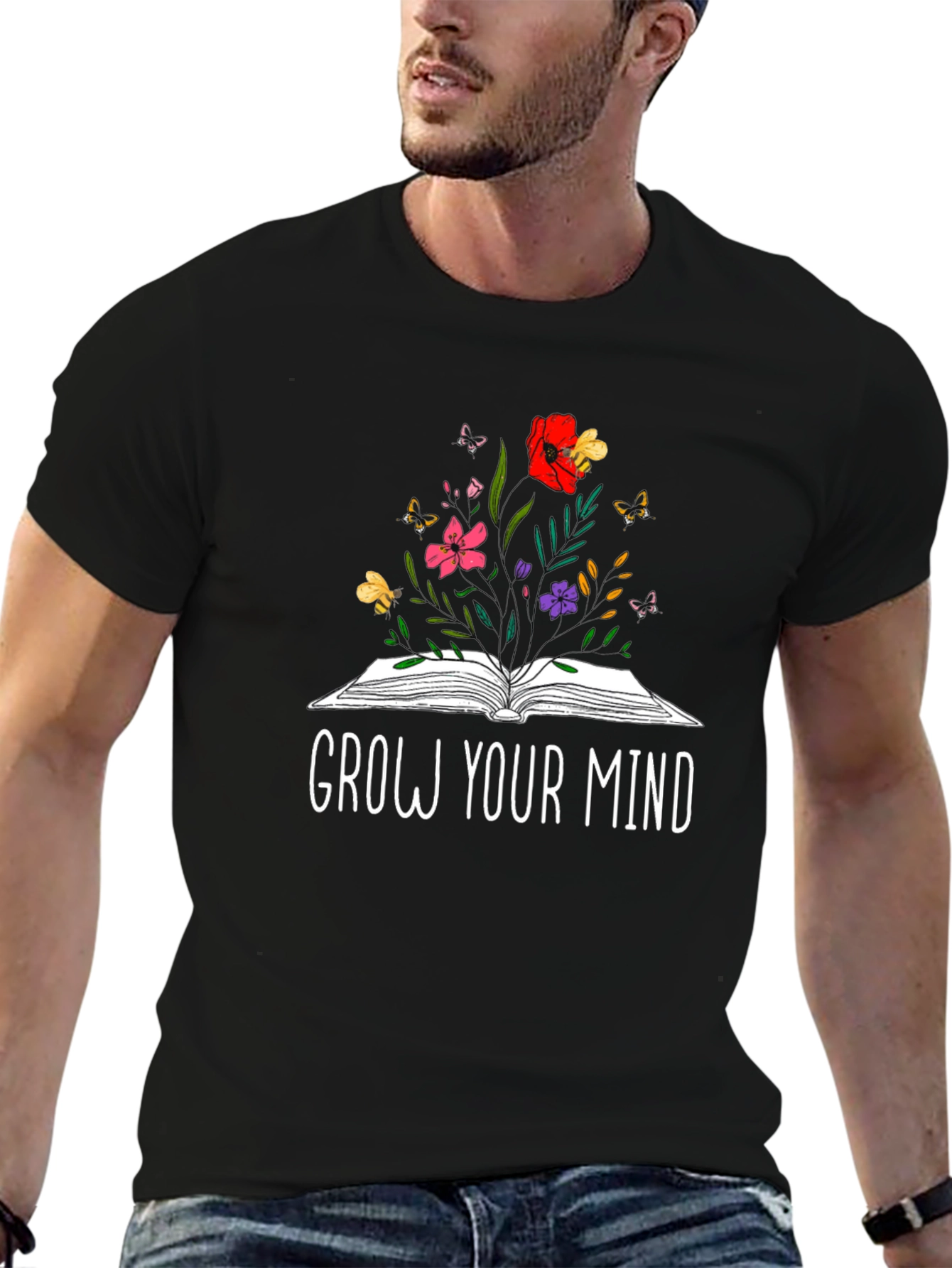 Grow Your Mind Book & Flowers Graphic T-Shirt