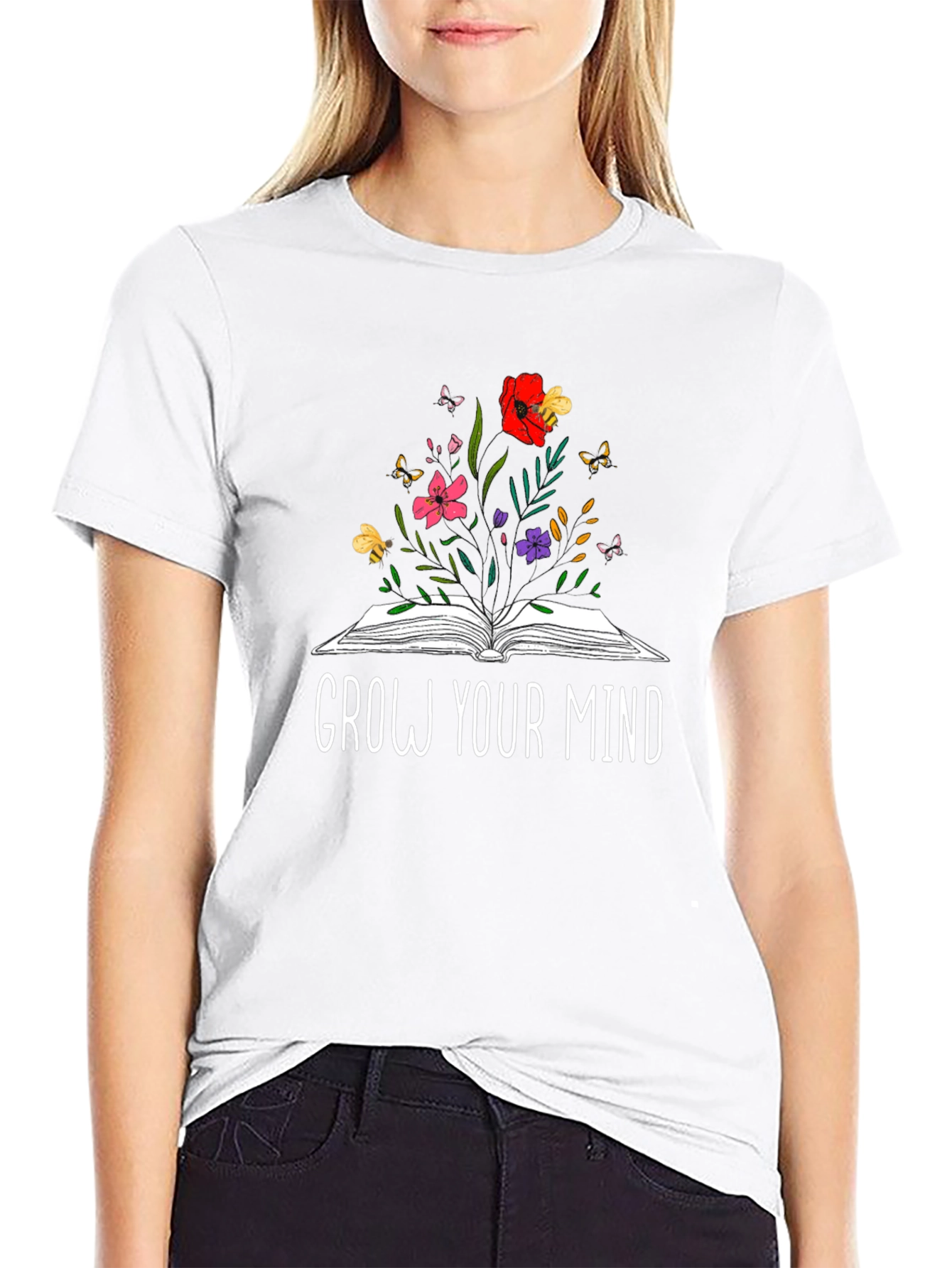 Grow Your Mind Book & Flowers Graphic T-Shirt