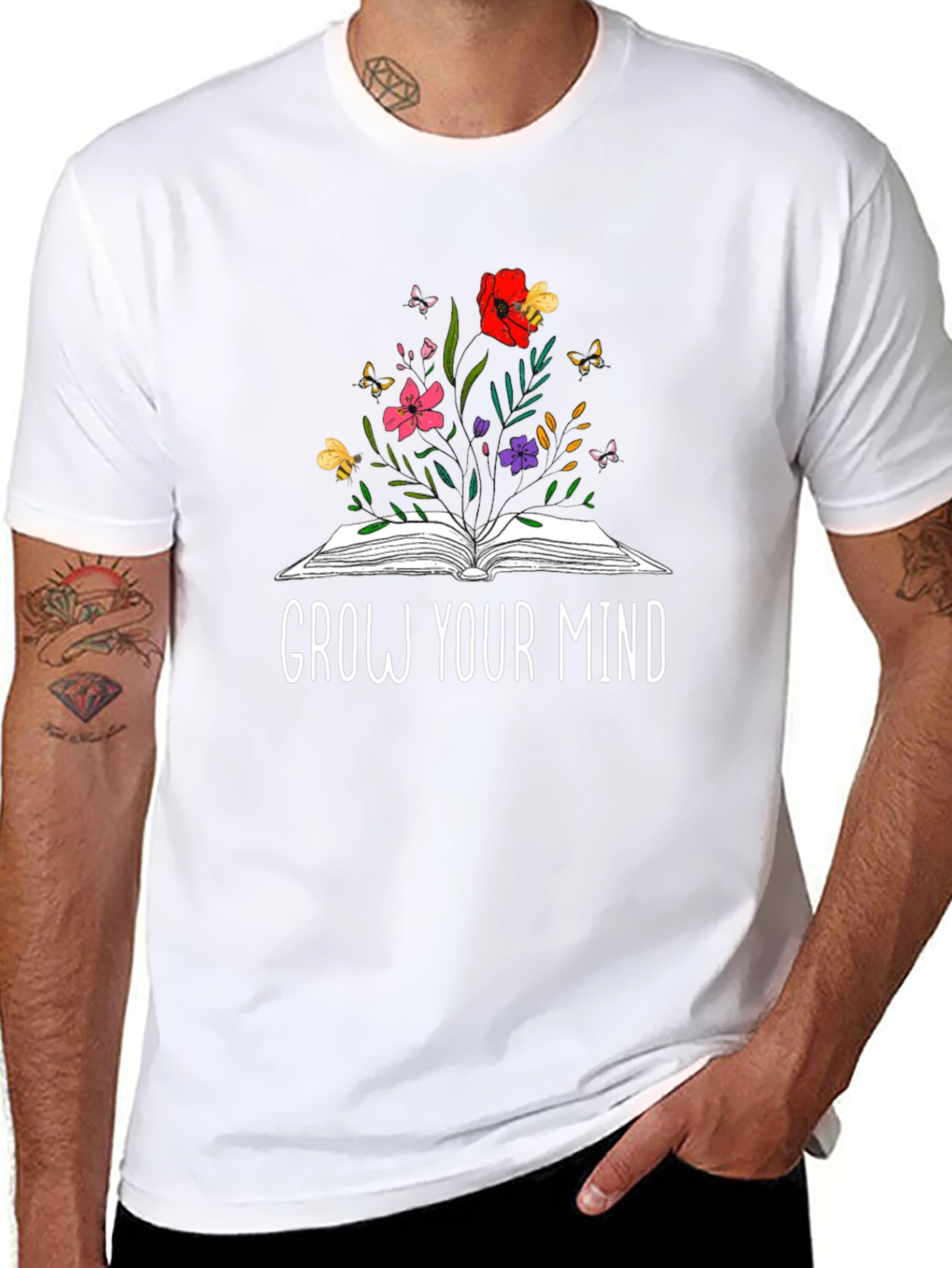 Grow Your Mind Book & Flowers Graphic T-Shirt