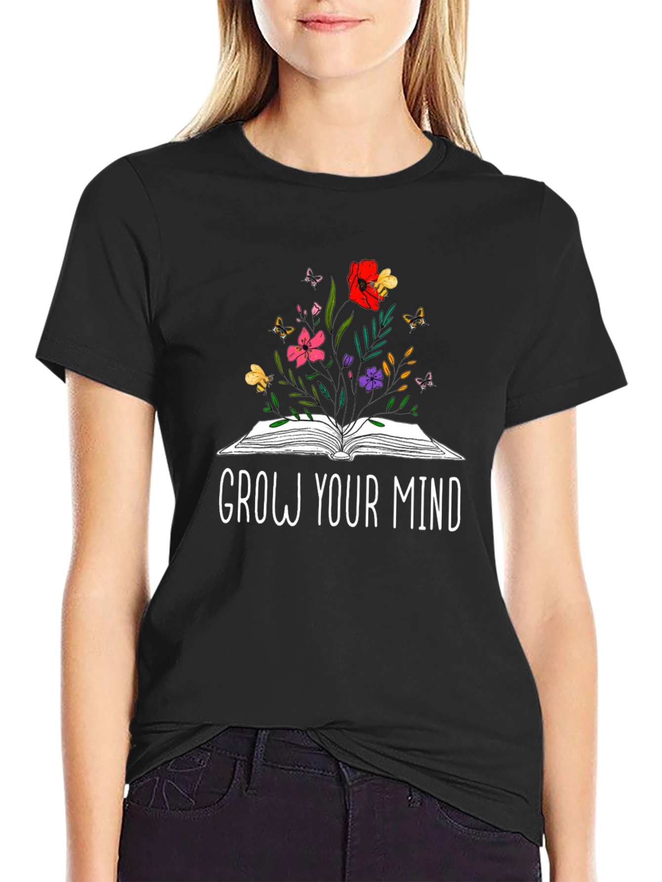 Grow Your Mind Book & Flowers Graphic T-Shirt