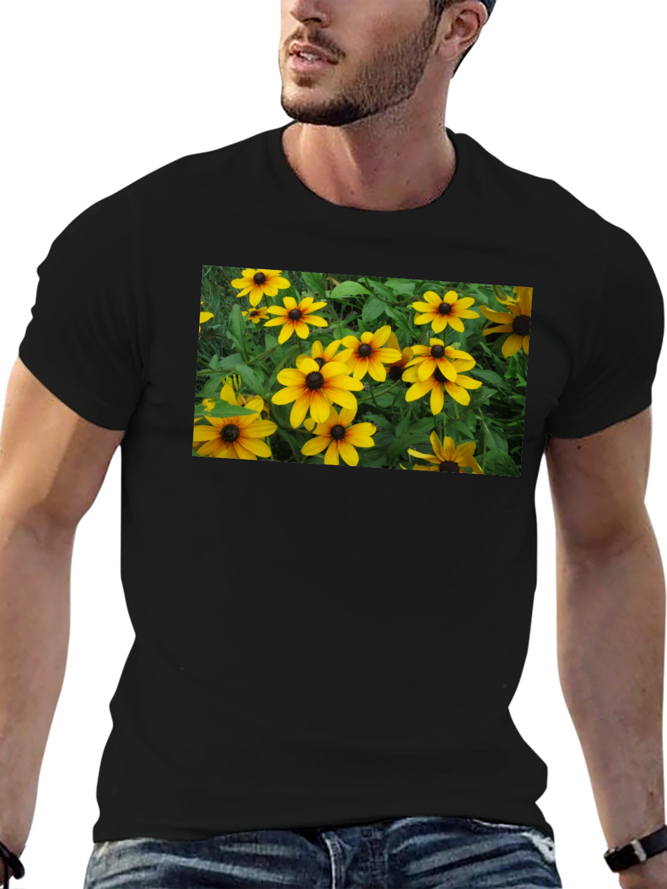 Black T-Shirt with Floral Graphic