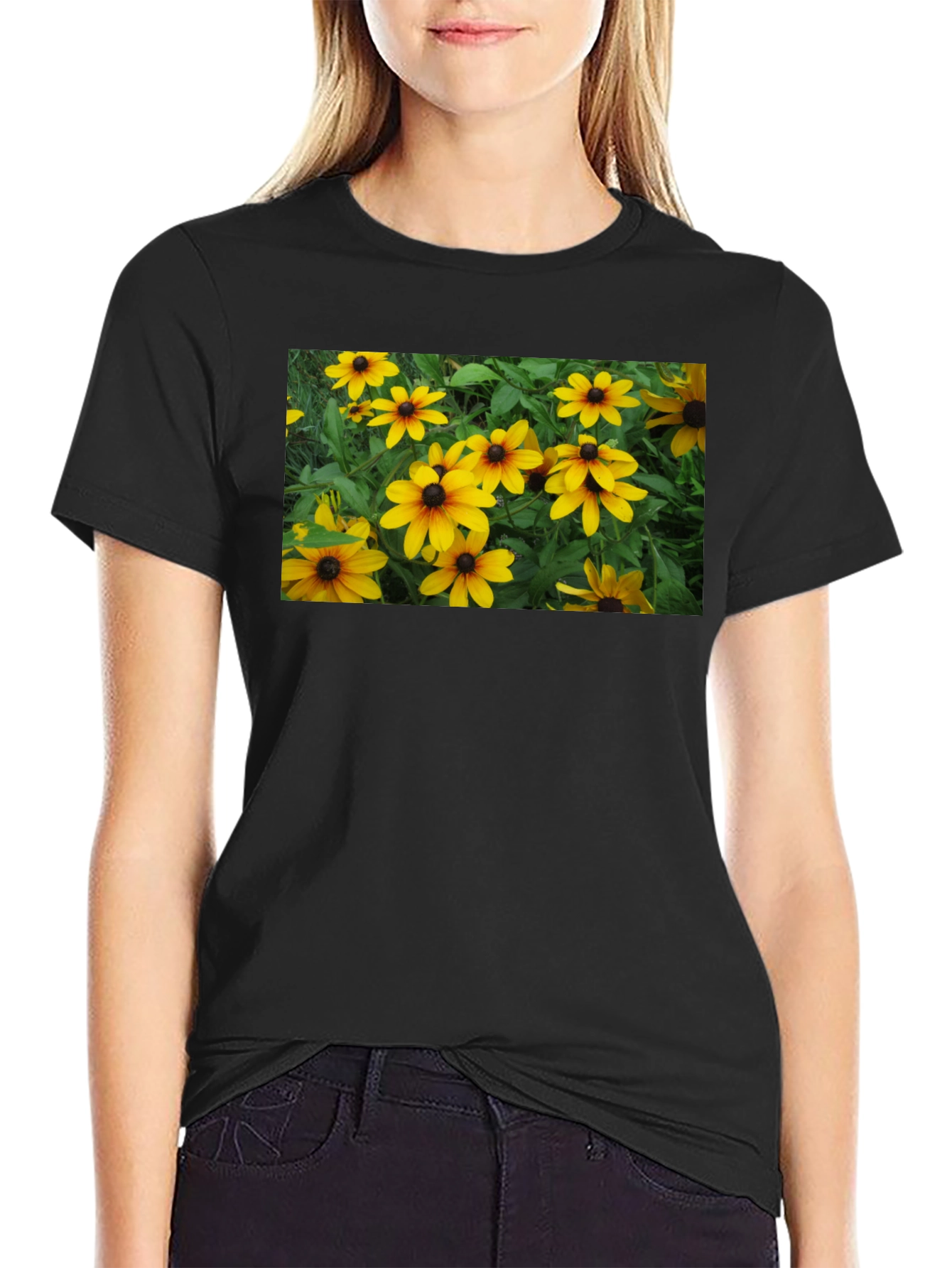 Black T-Shirt with Floral Graphic