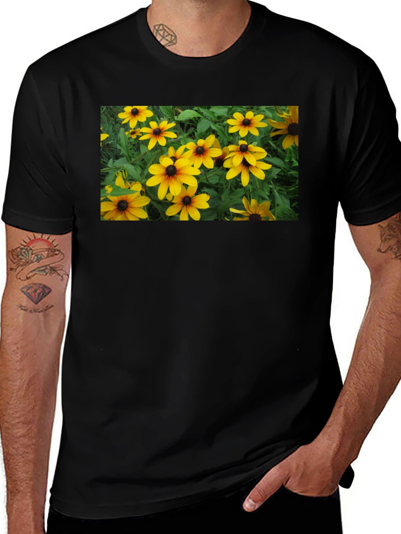 Black T-Shirt with Floral Graphic
