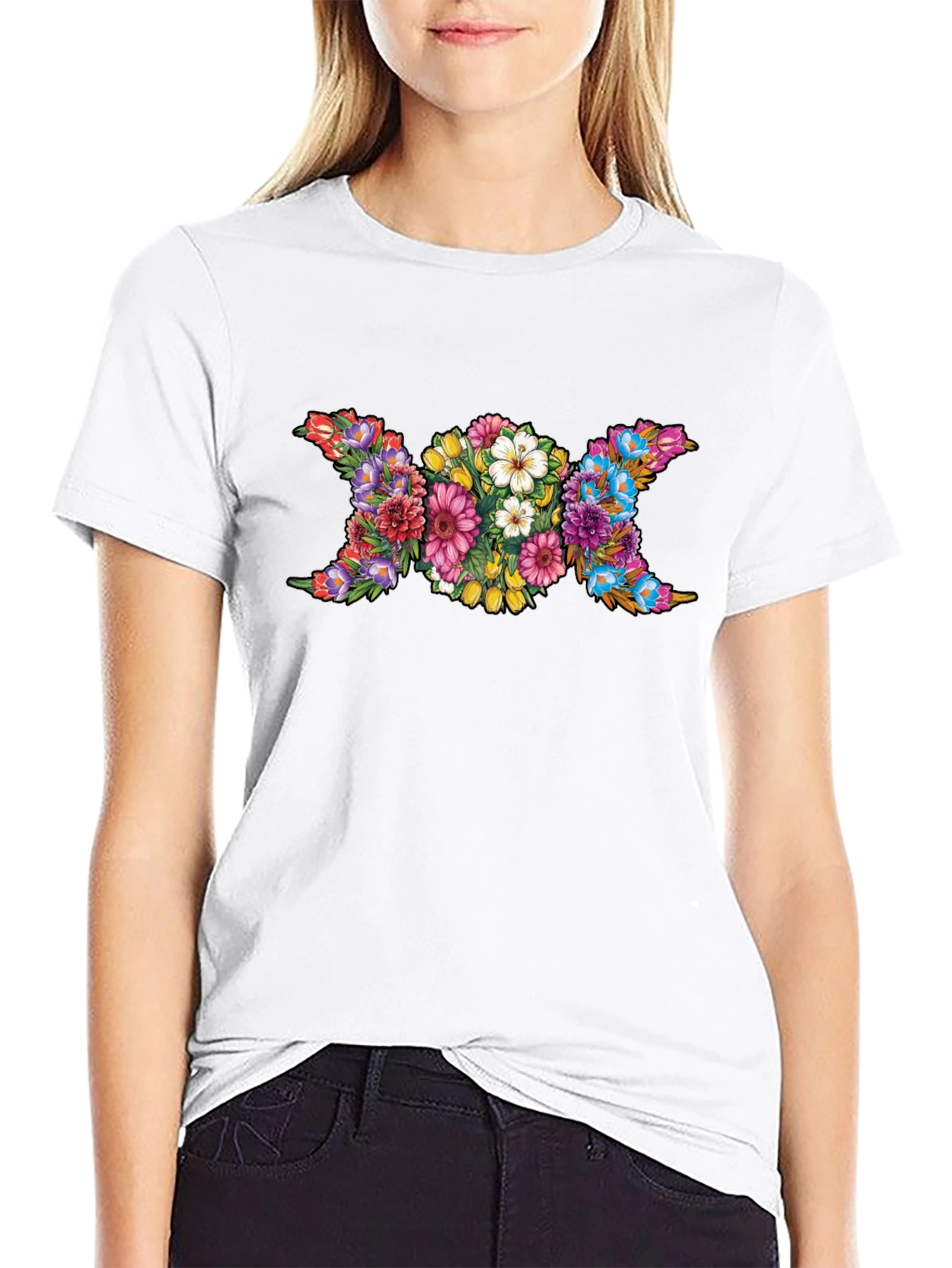 Floral Triple Moon Goddess Black T-Shirt