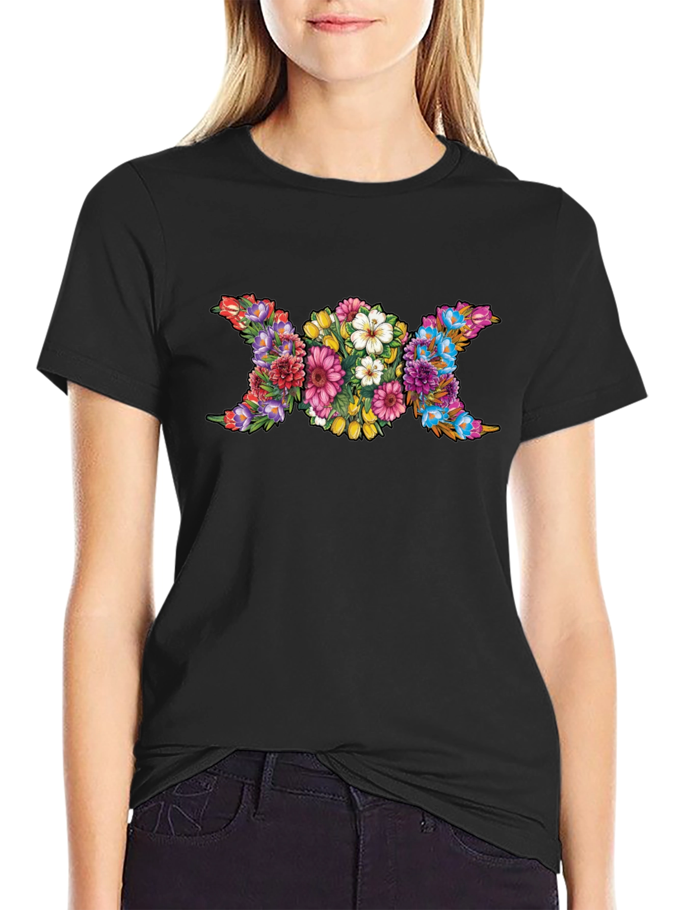 Floral Triple Moon Goddess Black T-Shirt