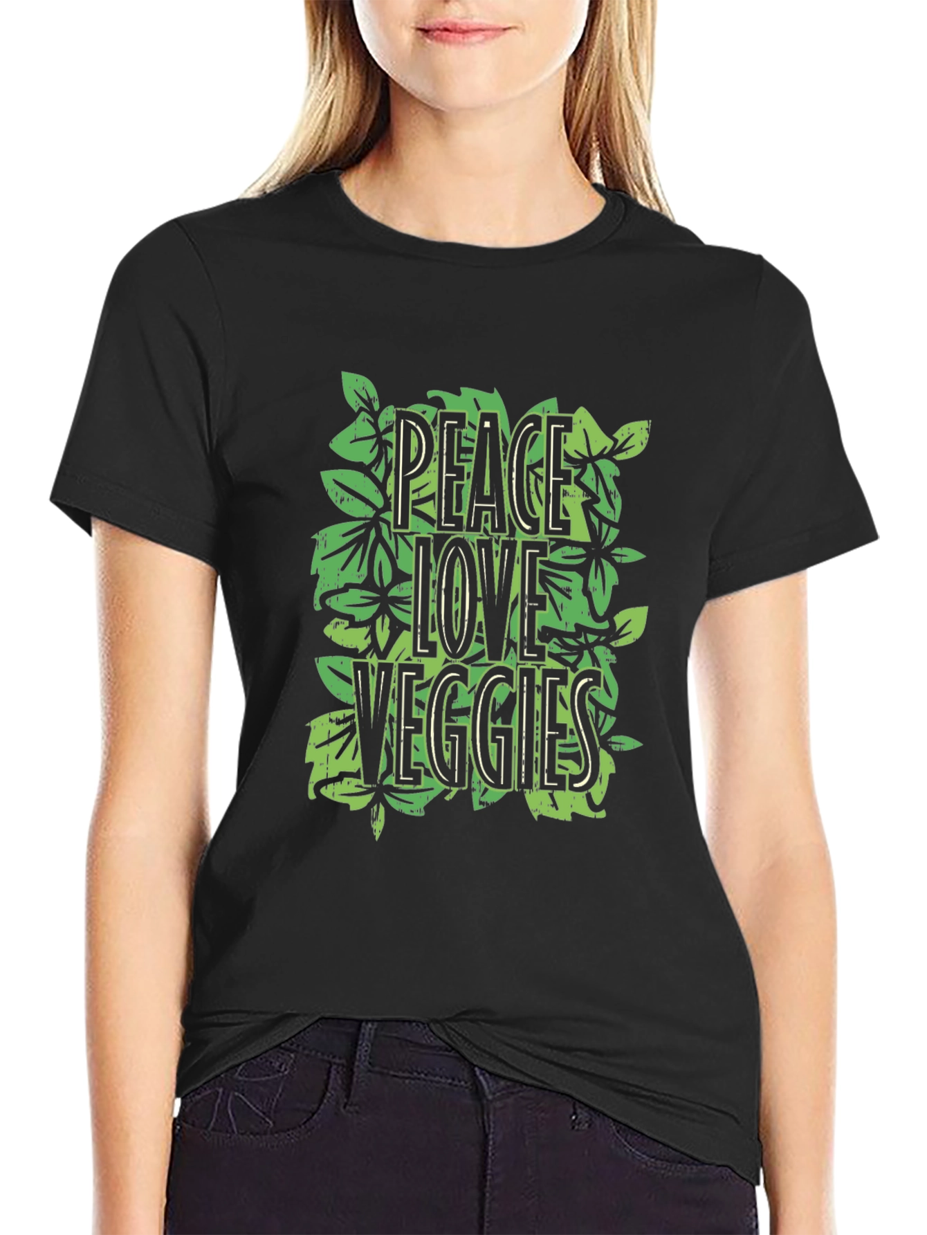 Peace Love Veggies Graphic Tee - Black Cotton T-Shirt