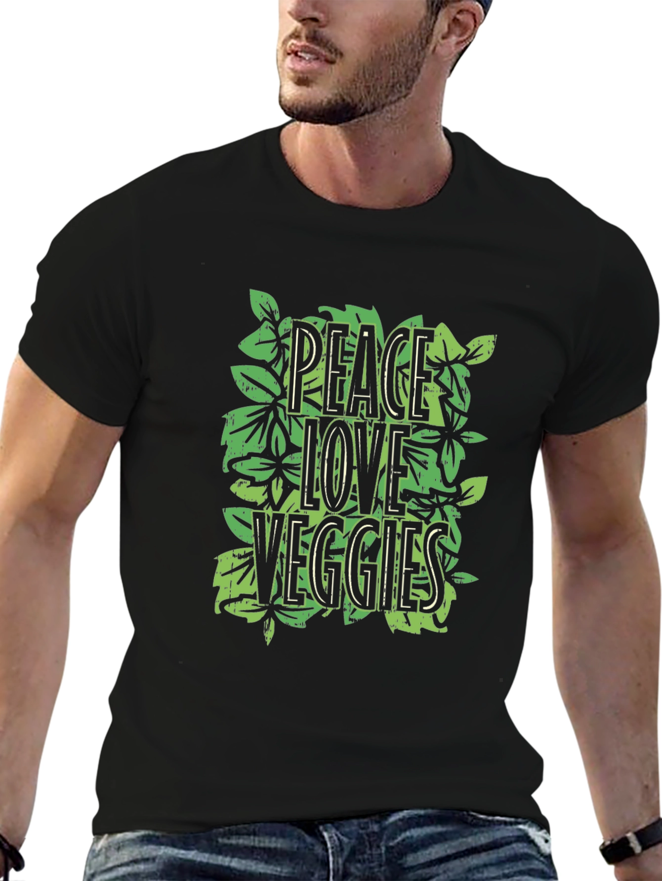 Peace Love Veggies Graphic Tee - Black Cotton T-Shirt