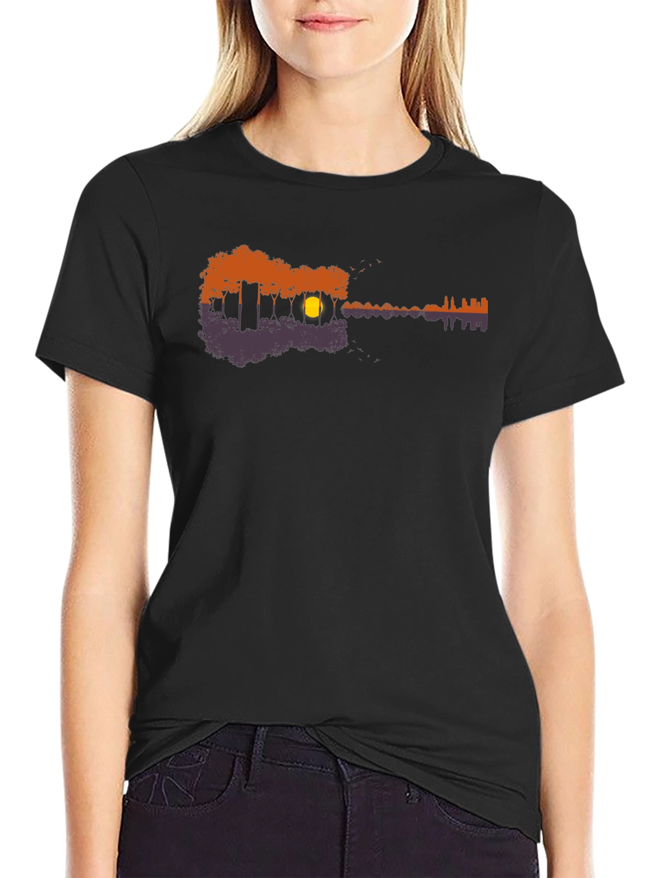 Guitar Nature Scene Black T-Shirt