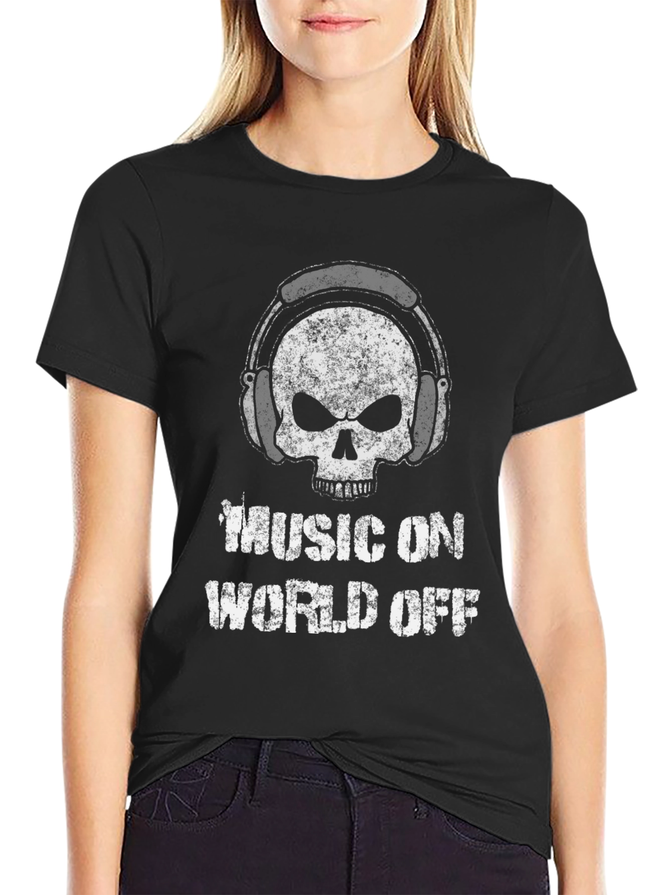 Music On World Off Skull Graphic T-Shirt