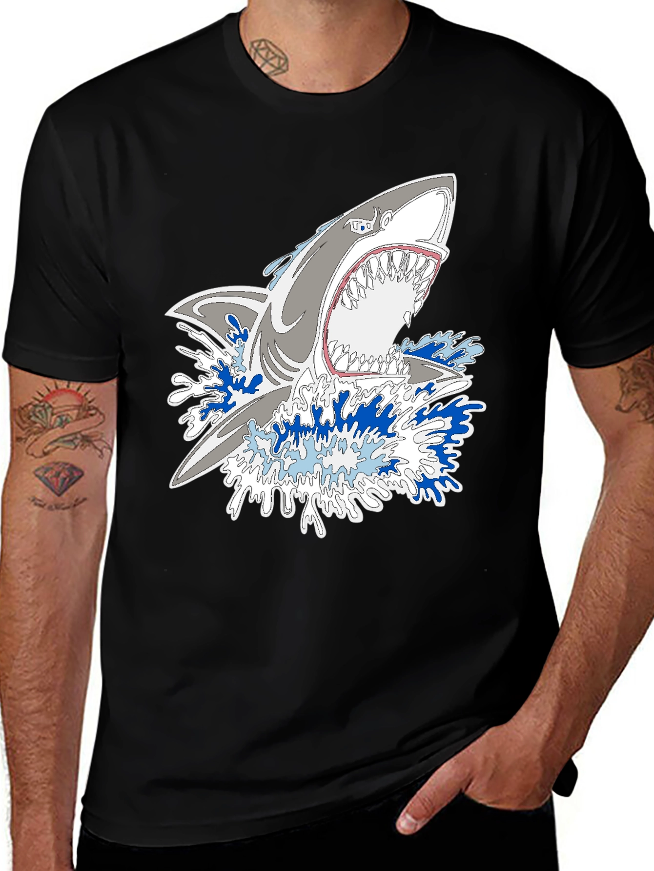 Shark Attack Graphic Print Black Tee