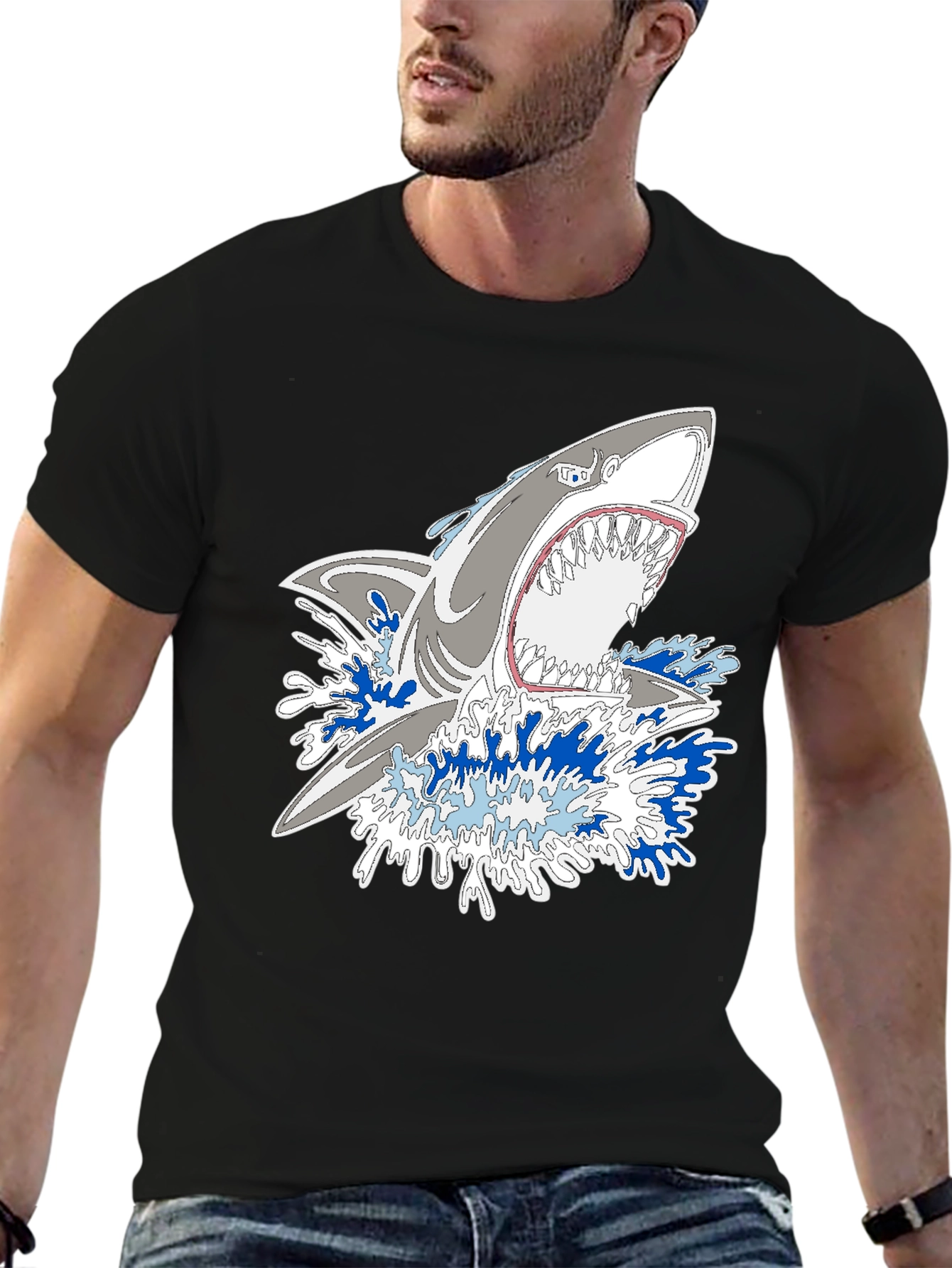 Shark Attack Graphic Print Black Tee