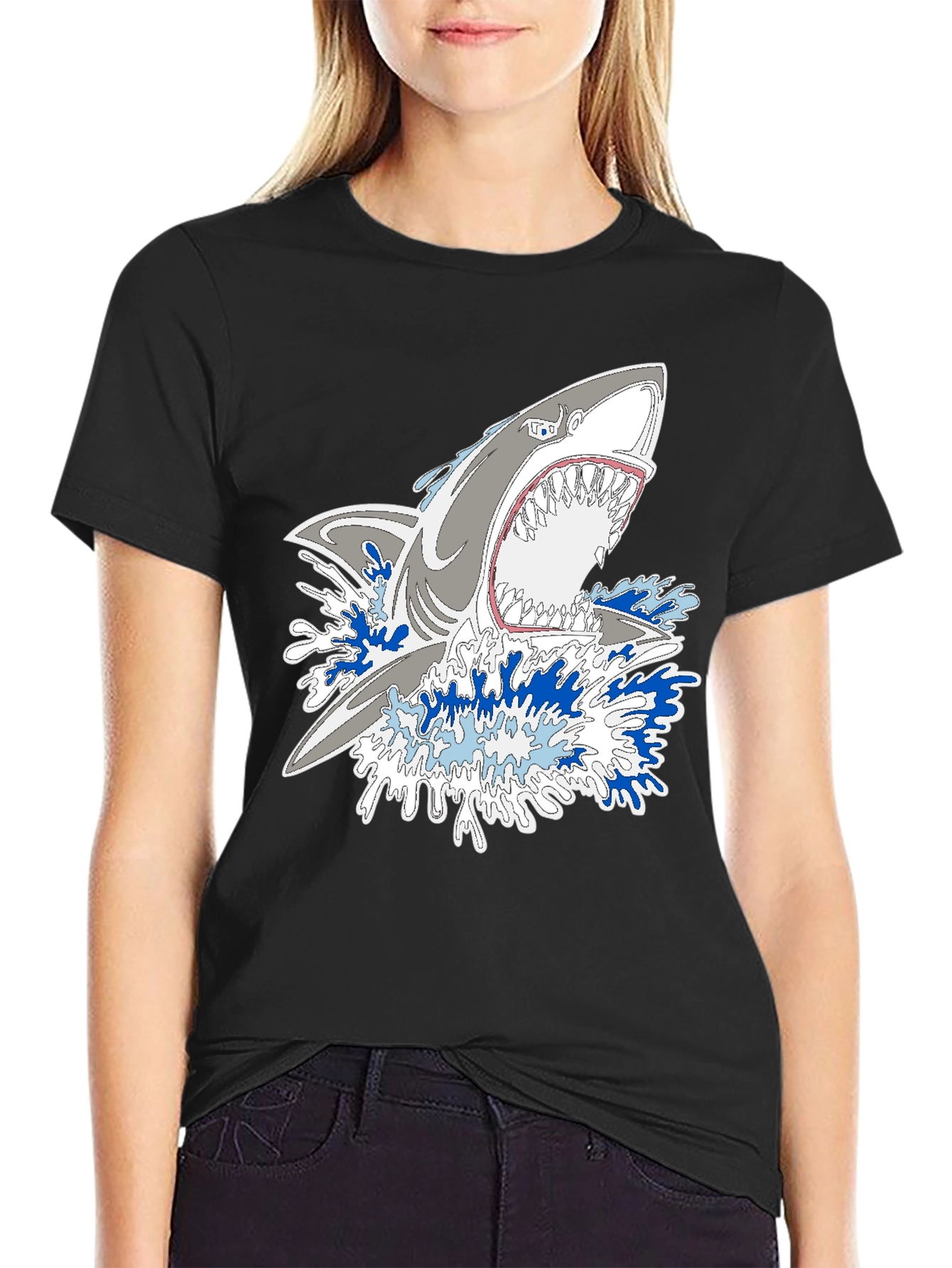 Shark Attack Graphic Print Black Tee