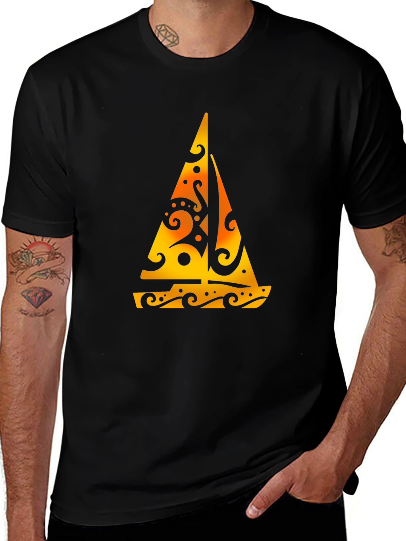 Tribal Sailboat Graphic Black T-Shirt