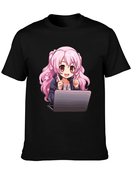 Anime Girl with Laptop Graphic Tee - Black Cotton T-Shirt