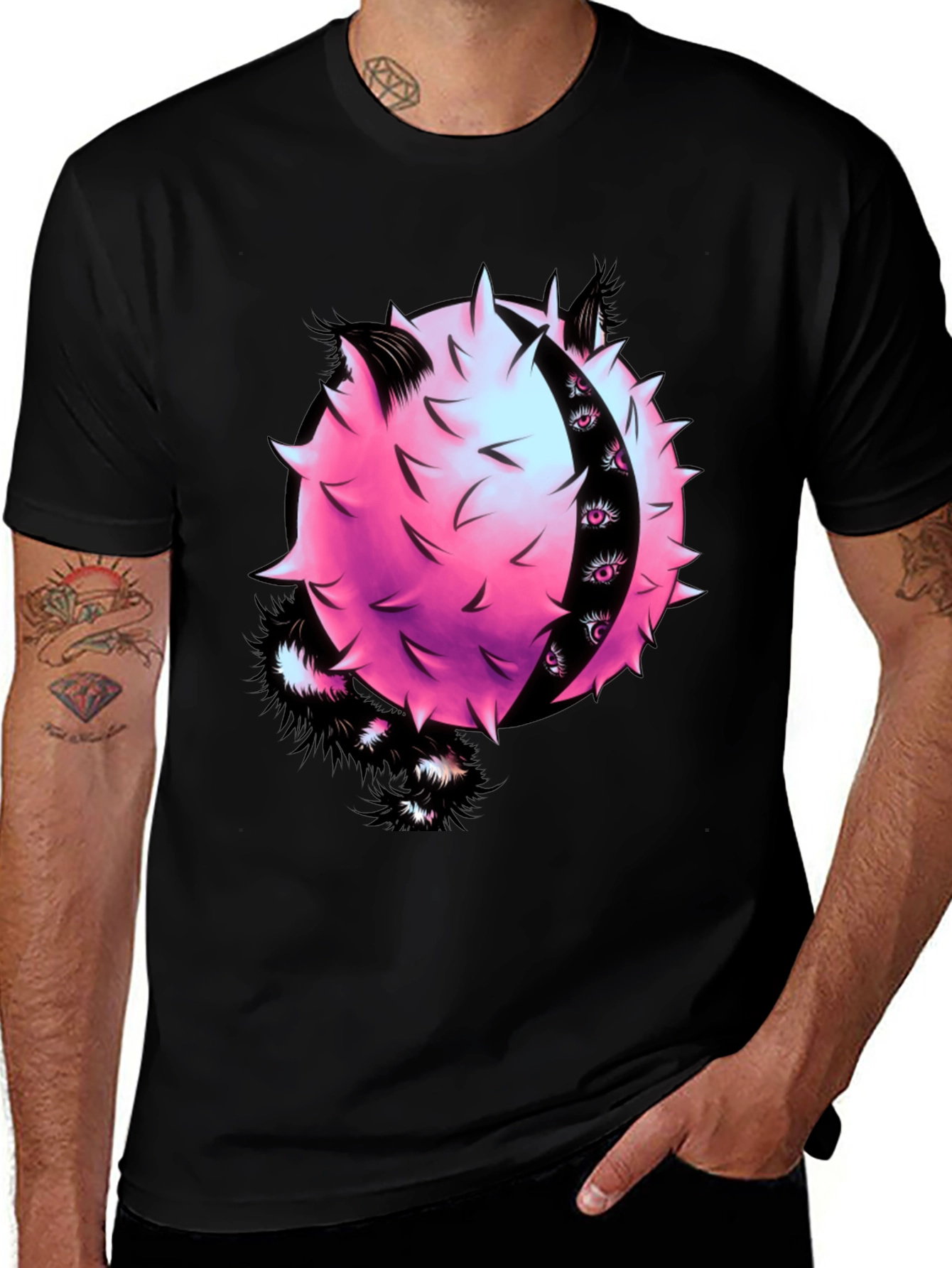 Edgy Graphic Tee - Spiky Pink Ball with Eyes