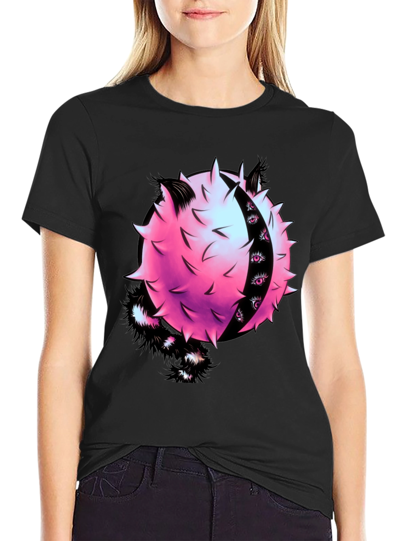 Edgy Graphic Tee - Spiky Pink Ball with Eyes