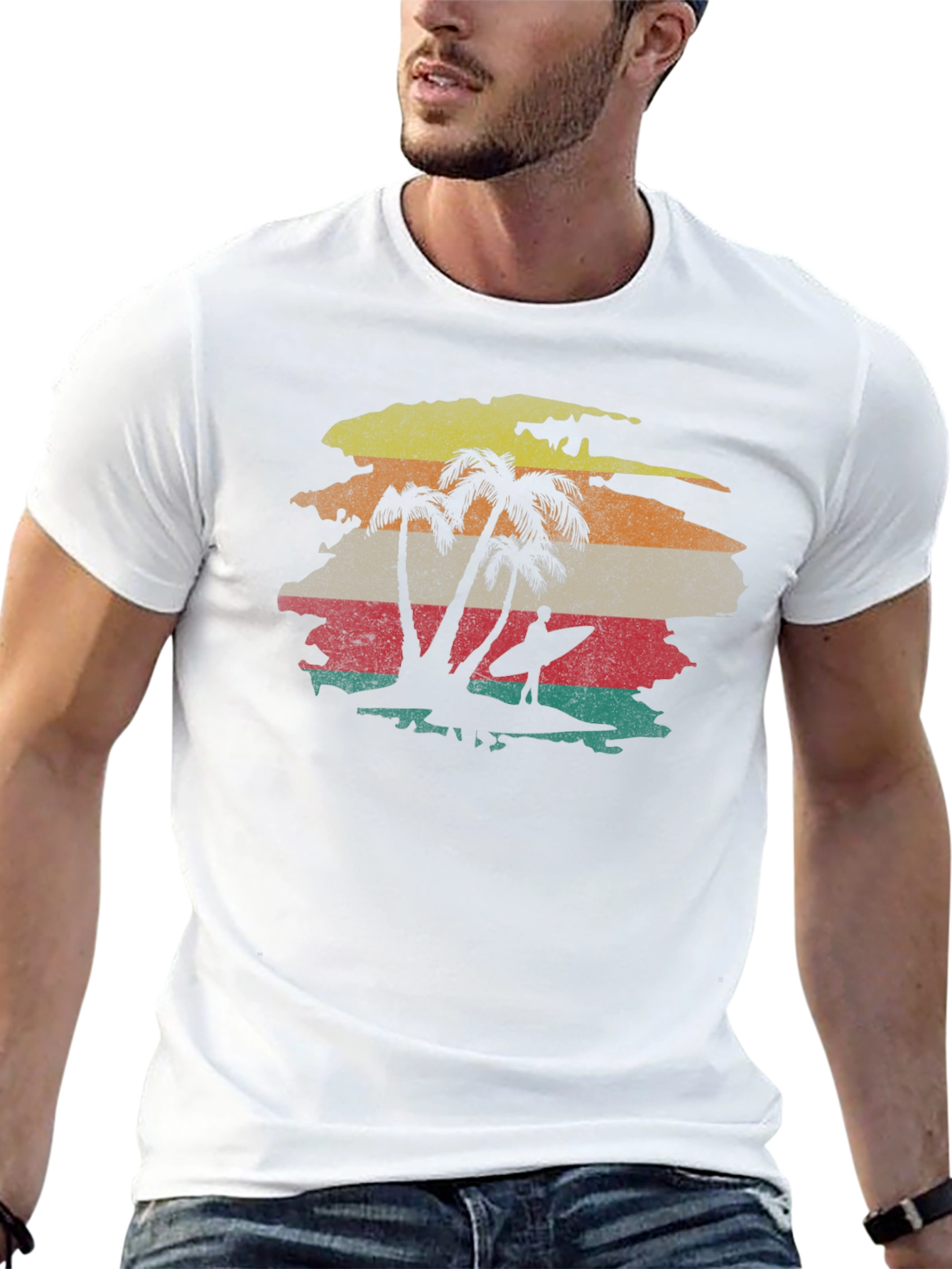 Retro Sunset Palm Tree Surfer Graphic Tee