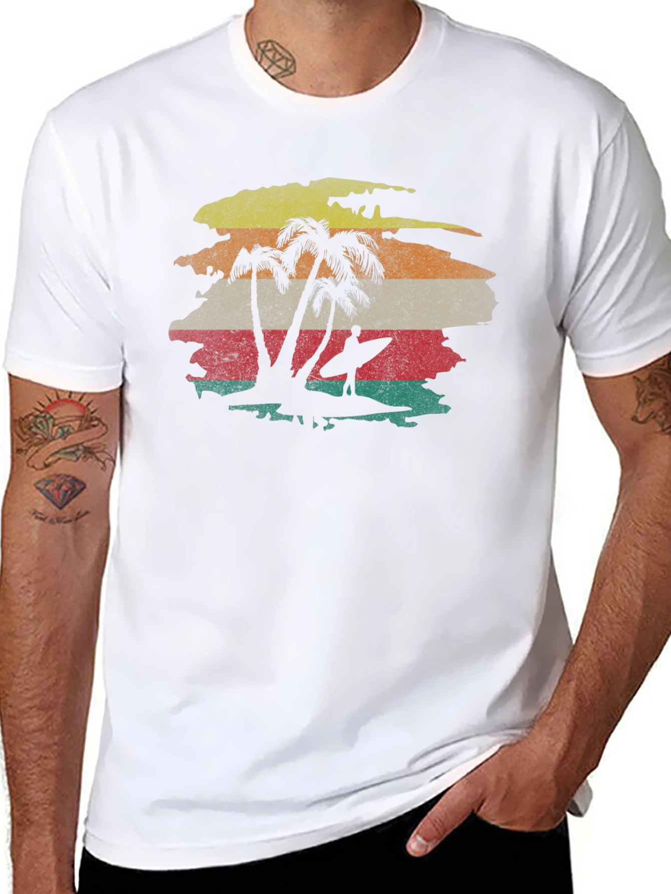 Retro Sunset Palm Tree Surfer Graphic Tee
