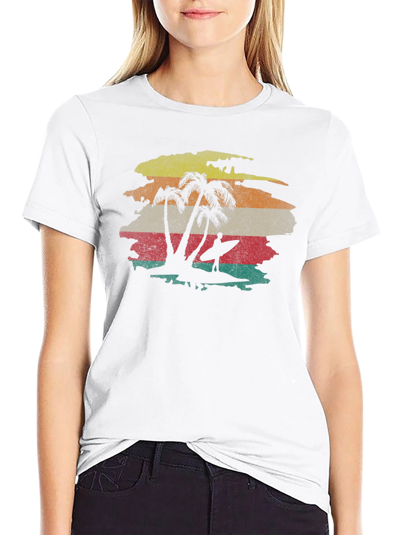 Retro Sunset Palm Tree Surfer Graphic Tee