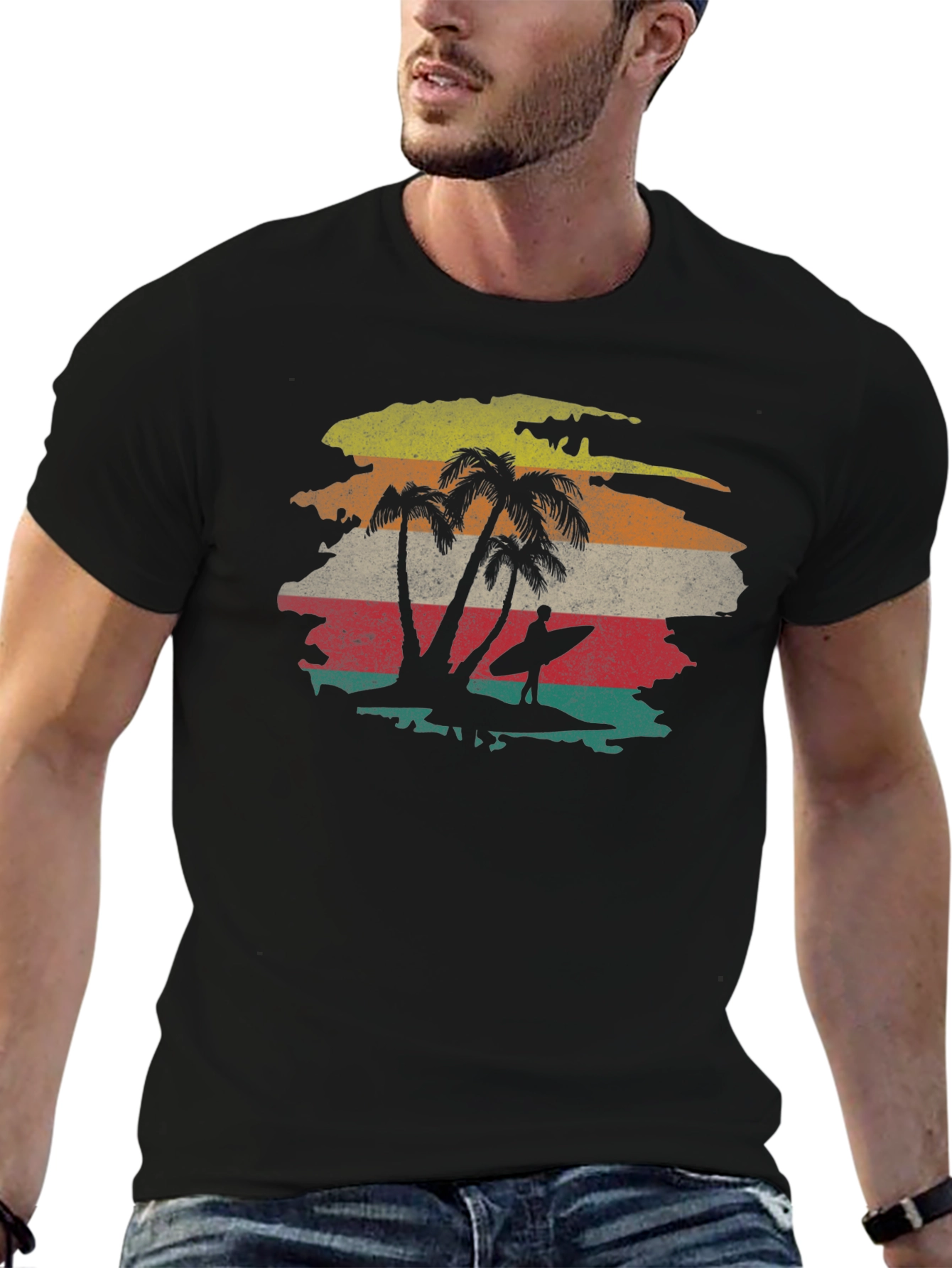 Retro Sunset Palm Tree Surfer Graphic Tee