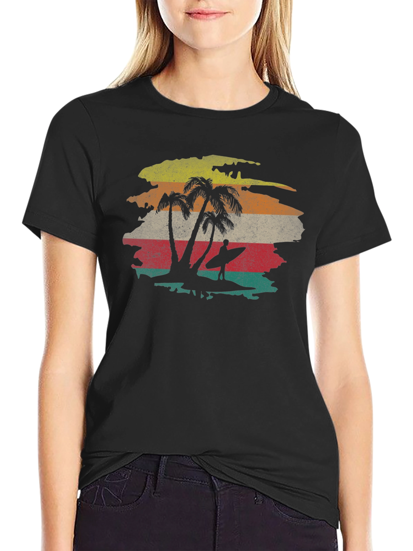 Retro Sunset Palm Tree Surfer Graphic Tee