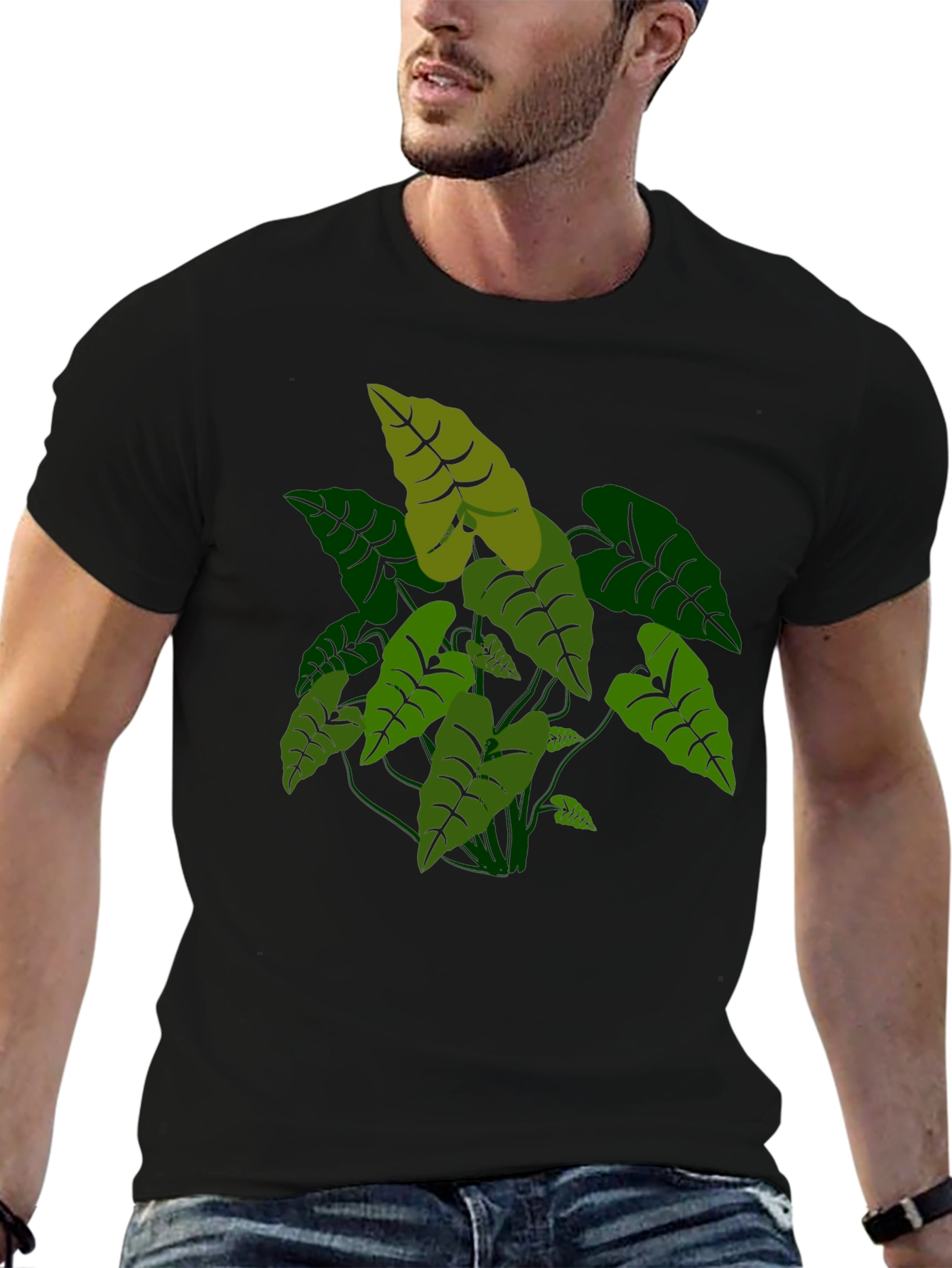 Tropical Plant Graphic Tee - Black Cotton T-Shirt