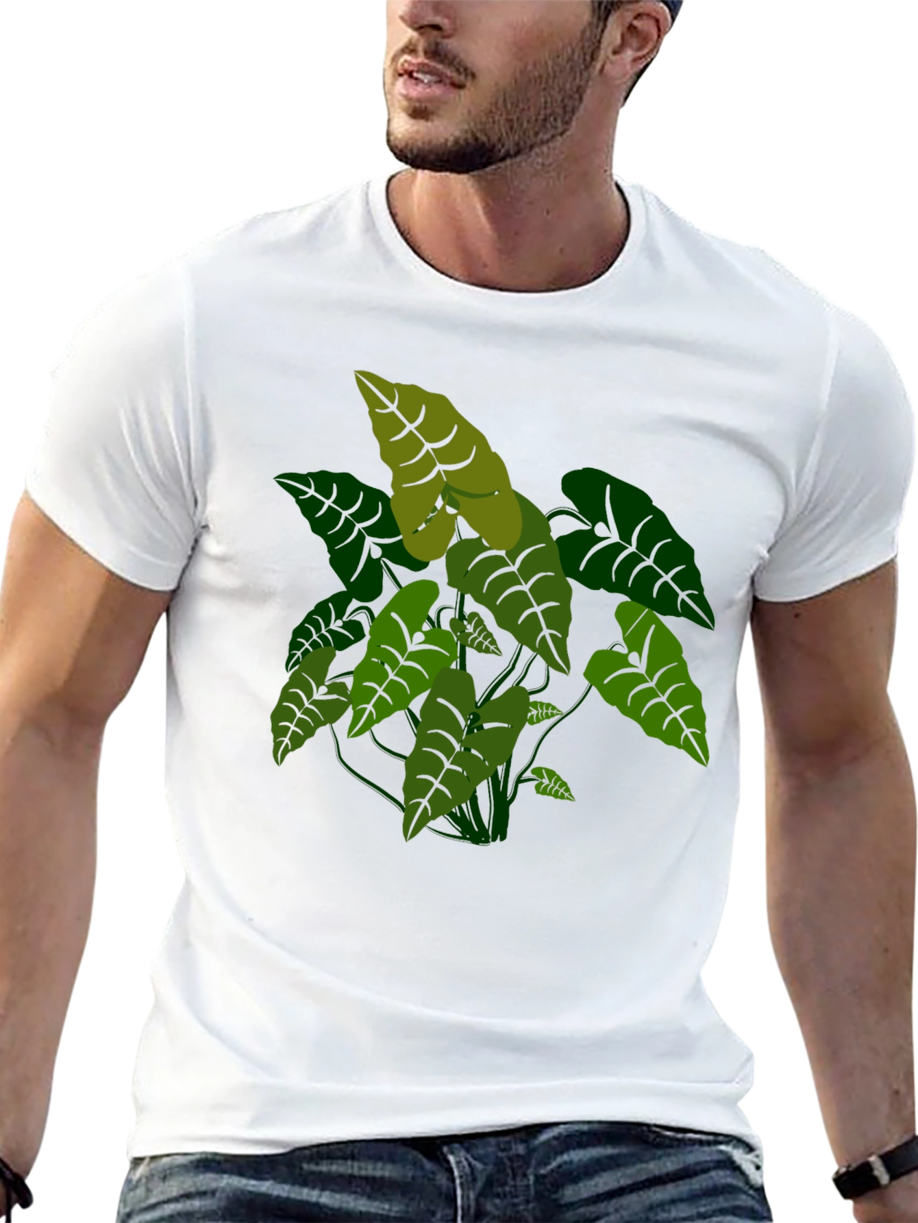 Tropical Plant Graphic Tee - Black Cotton T-Shirt