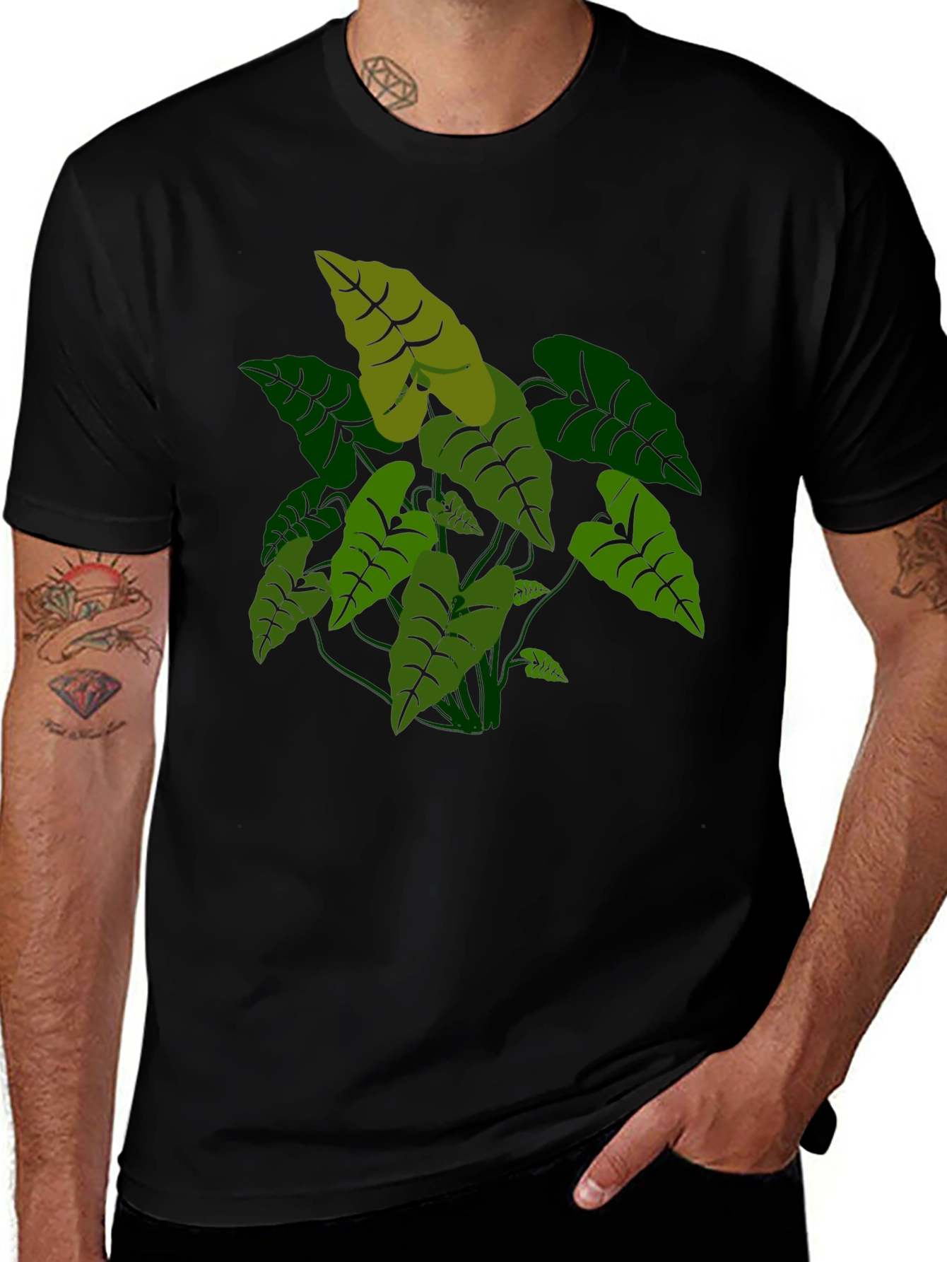 Tropical Plant Graphic Tee - Black Cotton T-Shirt