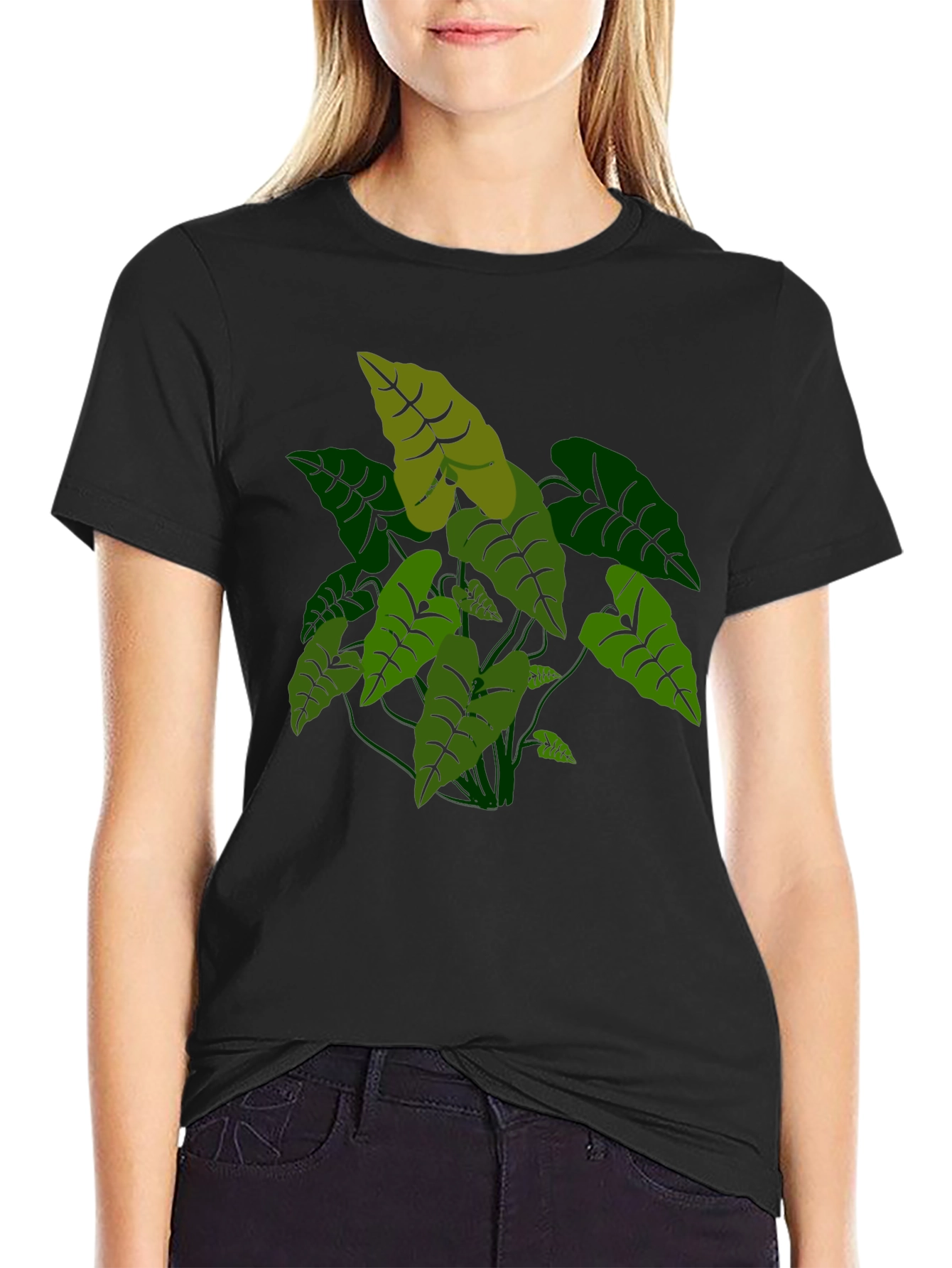 Tropical Plant Graphic Tee - Black Cotton T-Shirt