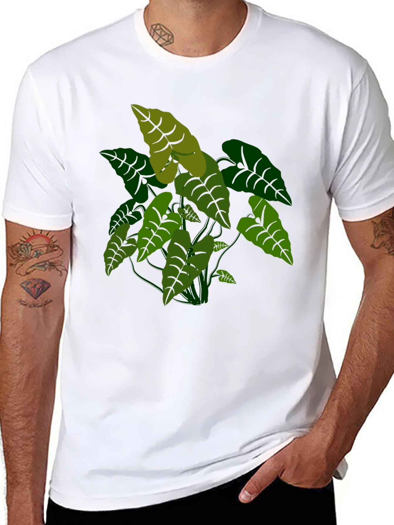 Tropical Plant Graphic Tee - Black Cotton T-Shirt