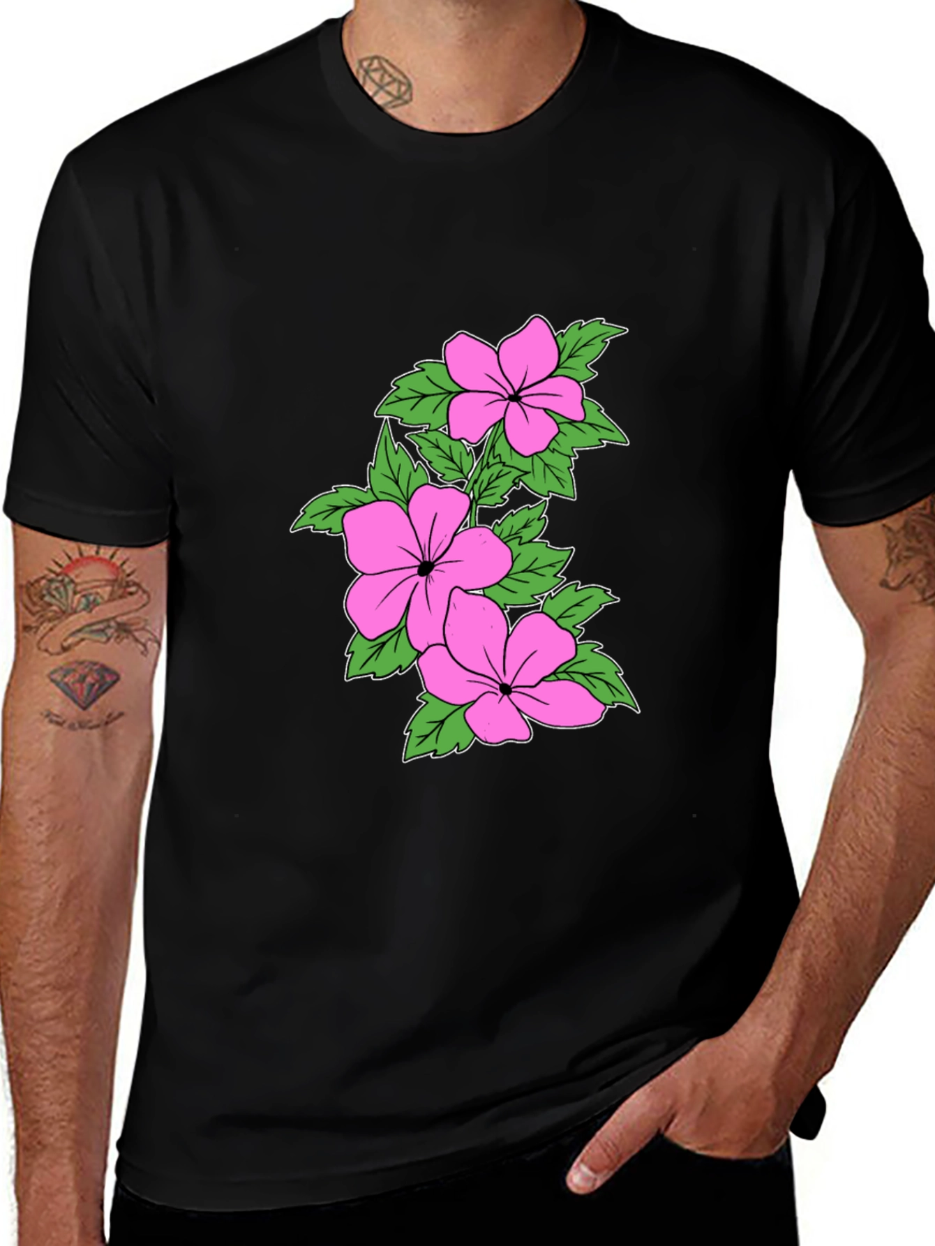 Floral Print Crew Neck T-Shirt - Black