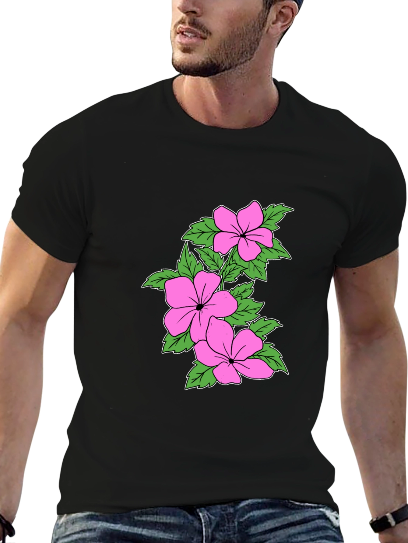 Floral Print Crew Neck T-Shirt - Black