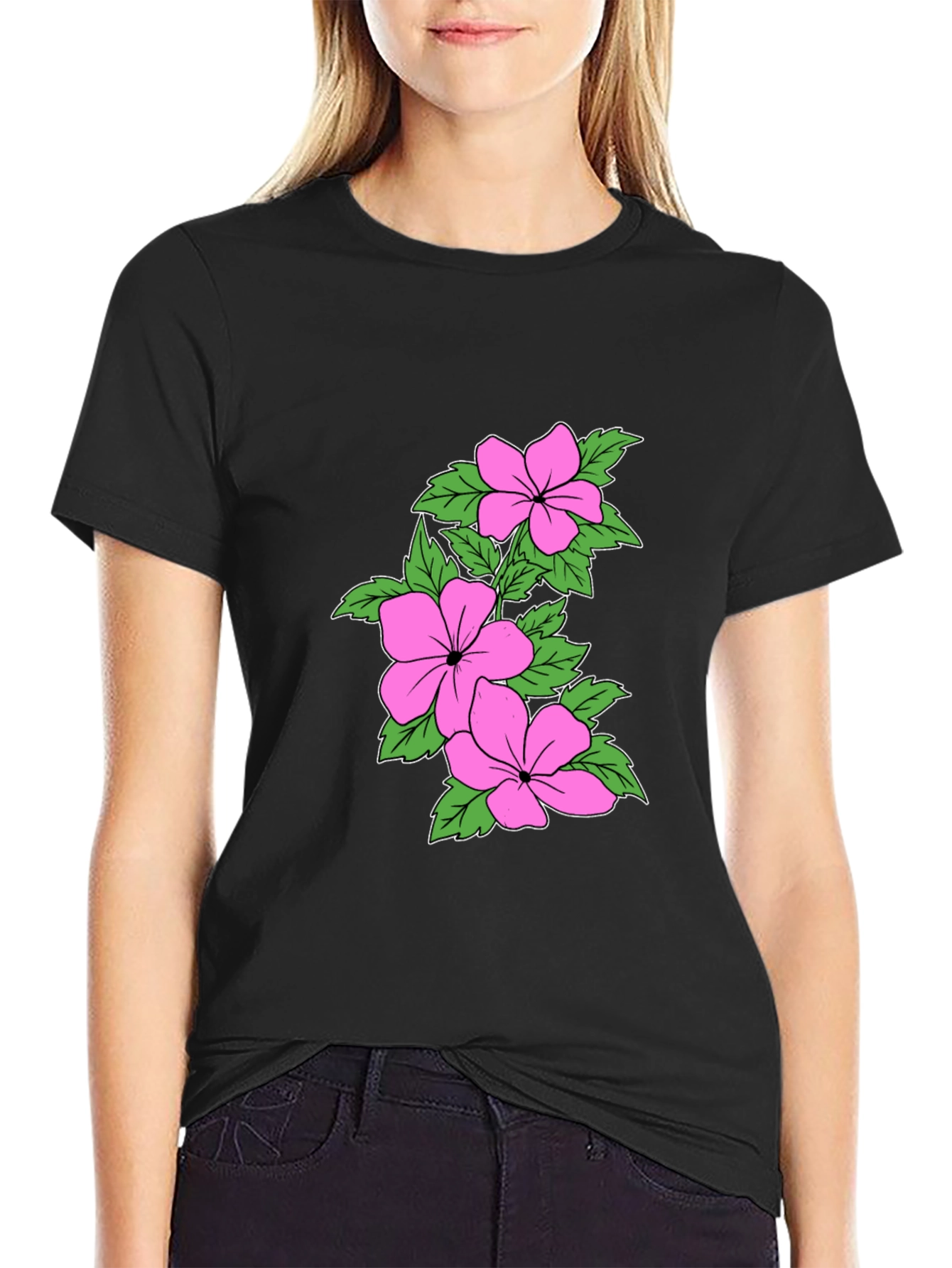 Floral Print Crew Neck T-Shirt - Black