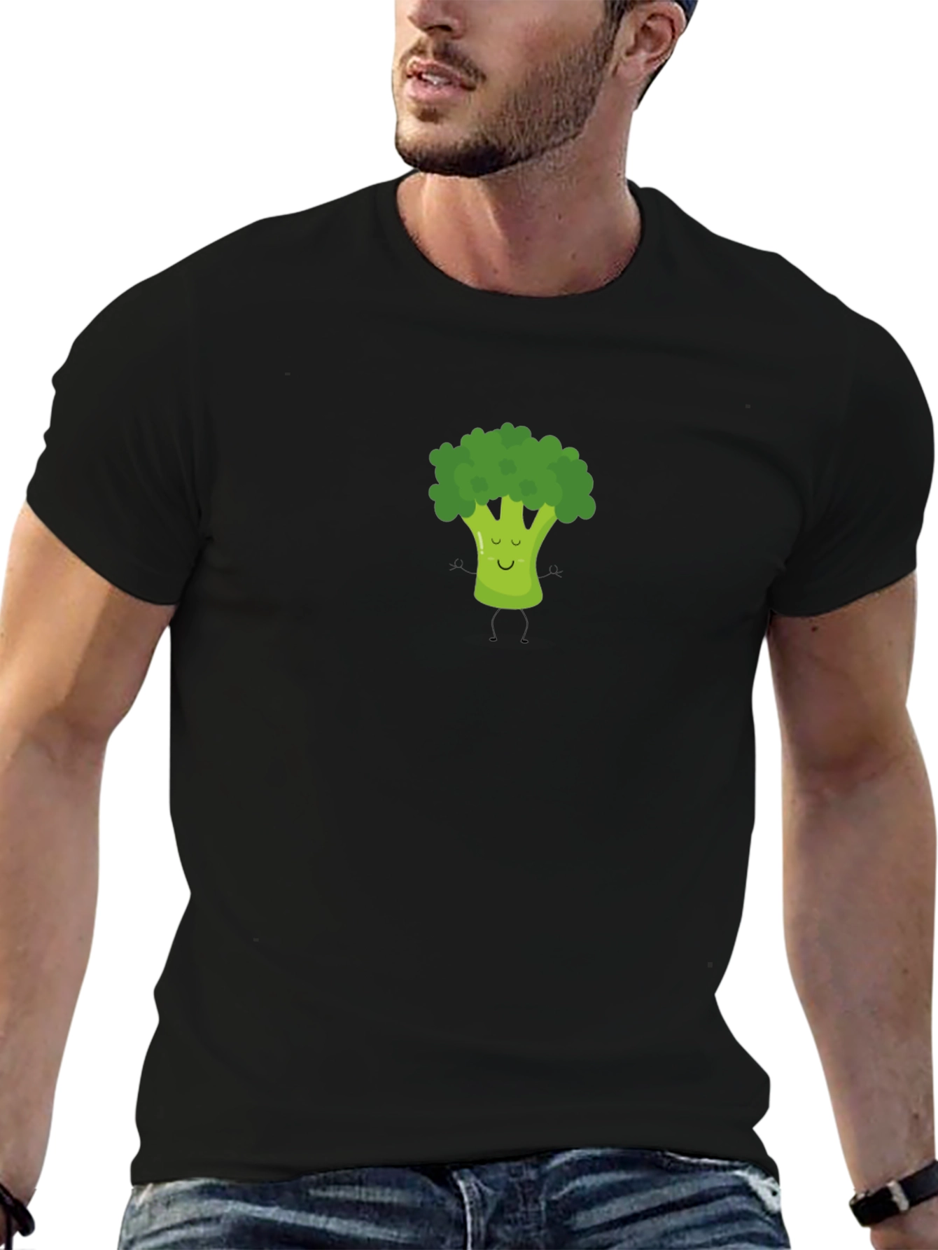 Broccoli Cartoon Graphic Print Black T-Shirt