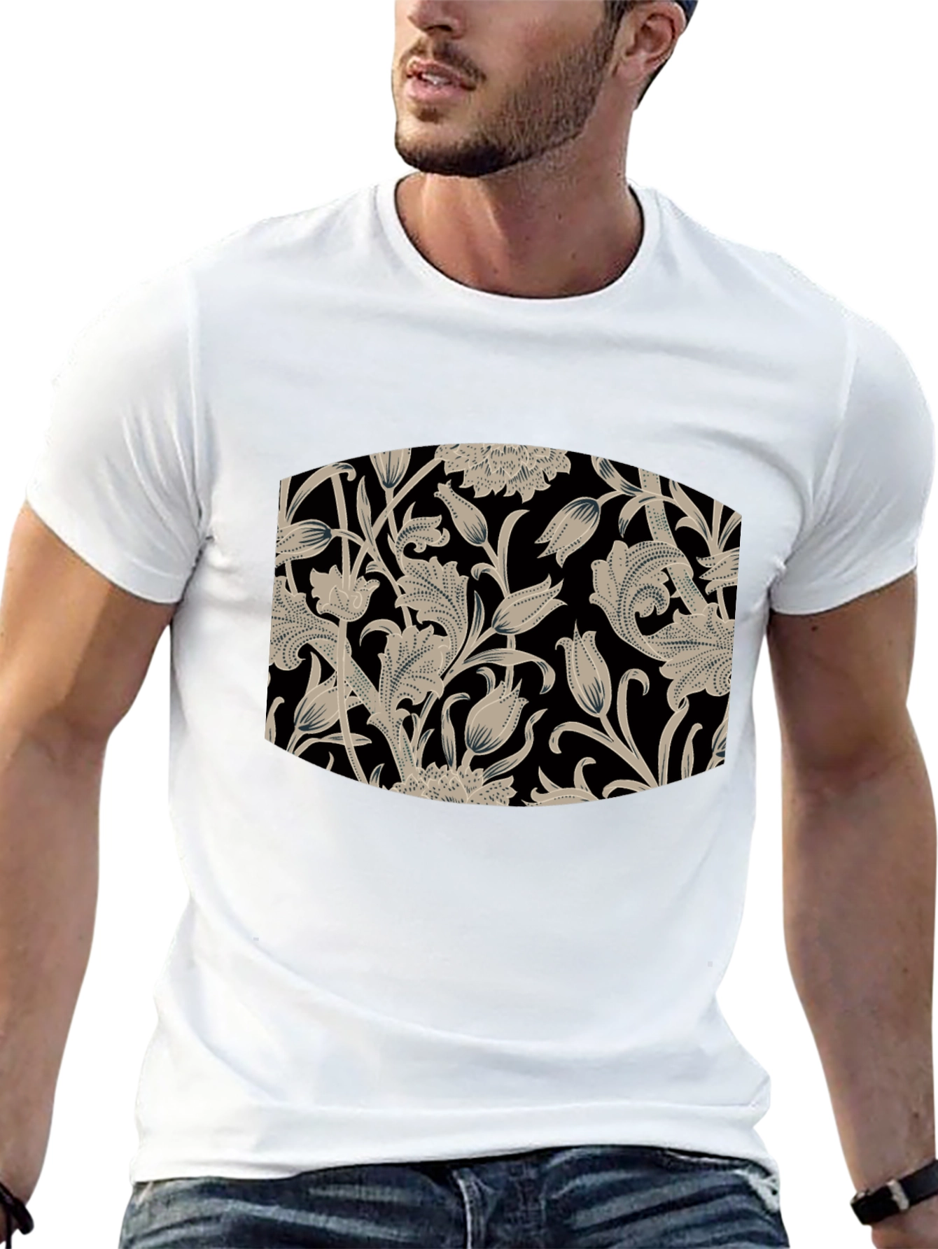 Elegant Floral Pattern Black T-Shirt