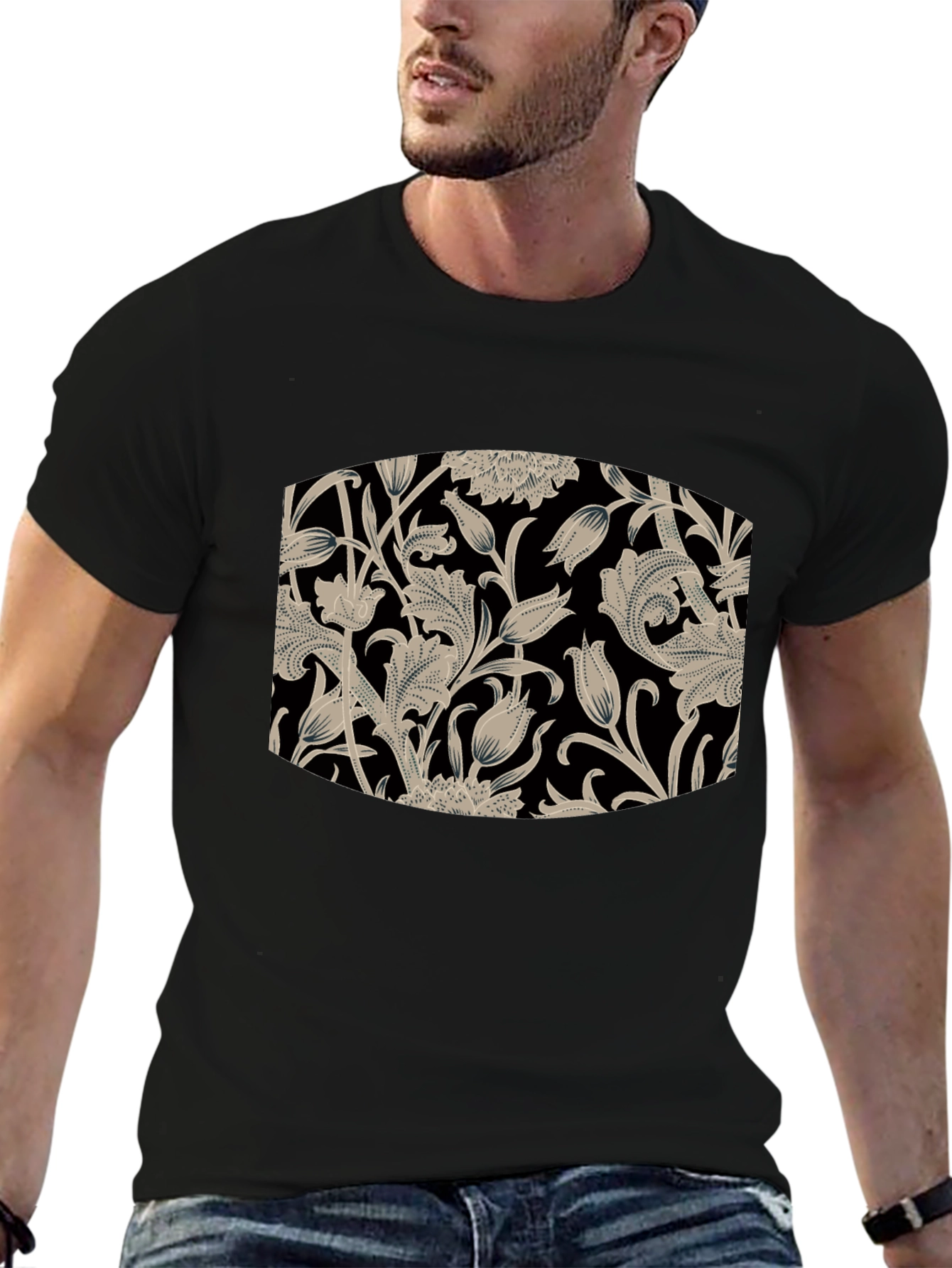 Elegant Floral Pattern Black T-Shirt