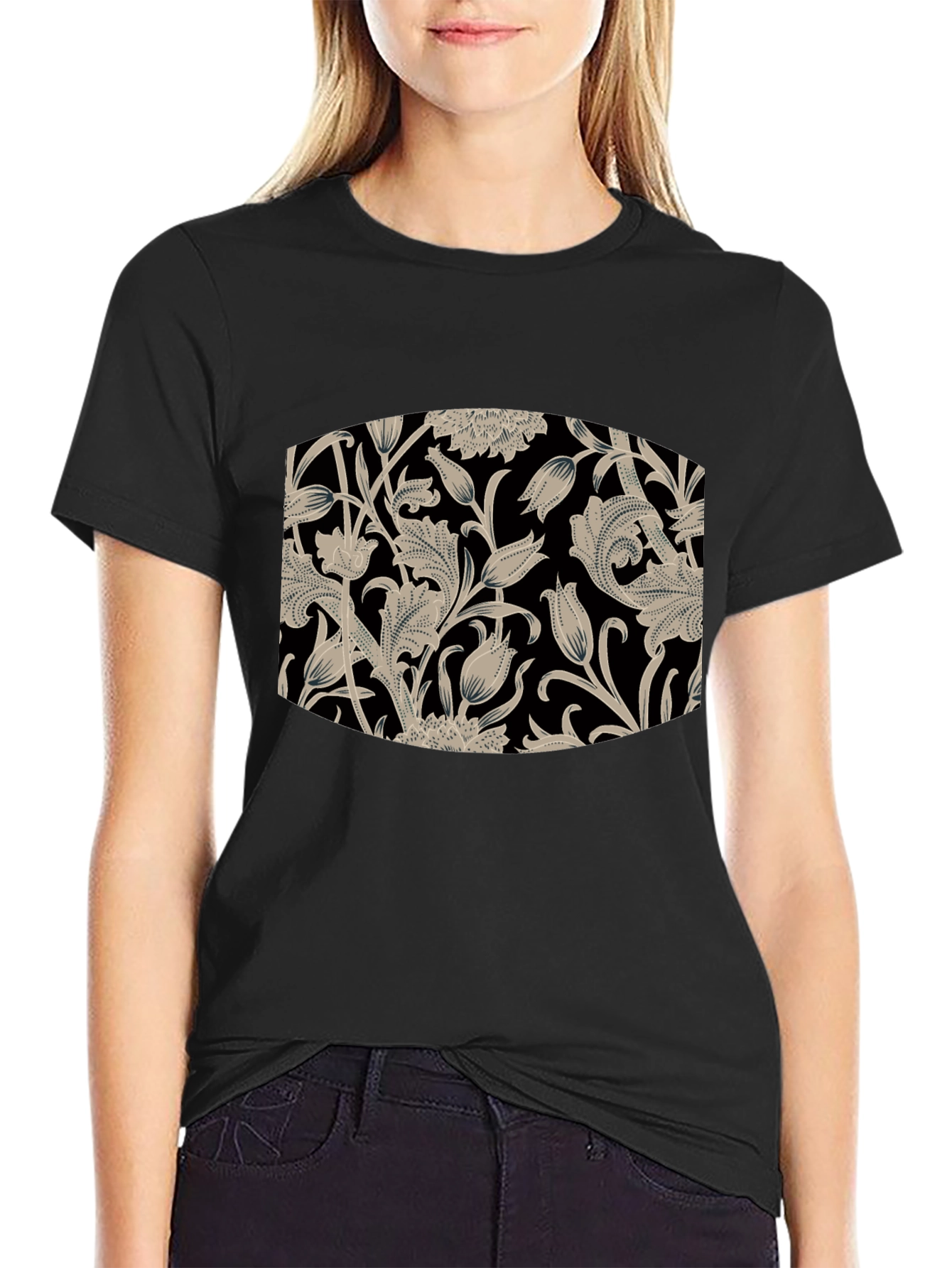 Elegant Floral Pattern Black T-Shirt