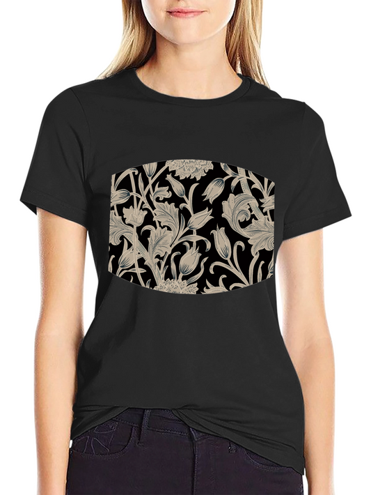Elegant Floral Pattern Black T-Shirt