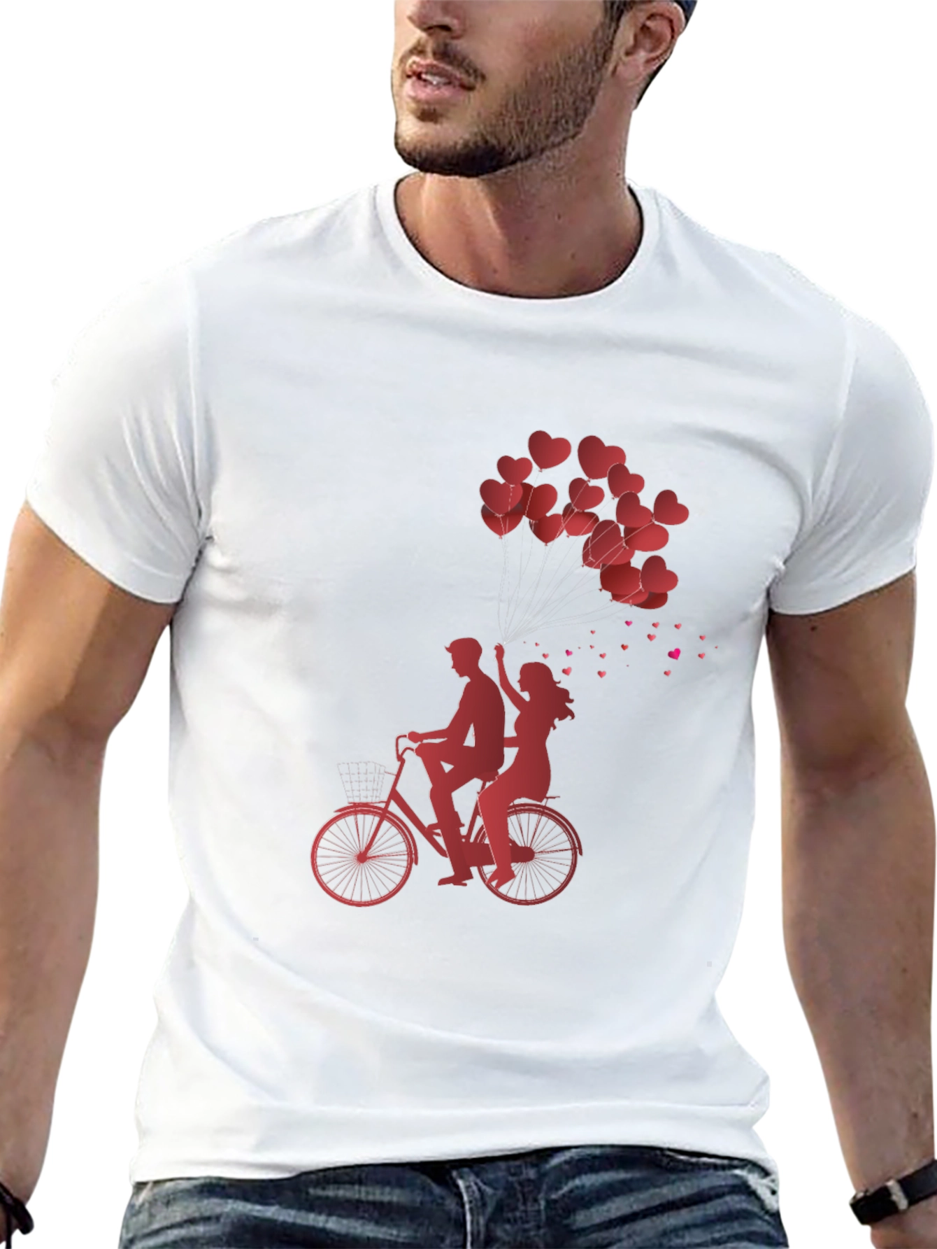 Romantic Couple Bike Ride Heart Balloons Black Tee