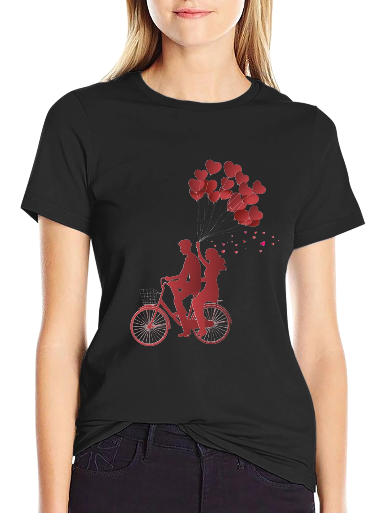 Romantic Couple Bike Ride Heart Balloons Black Tee