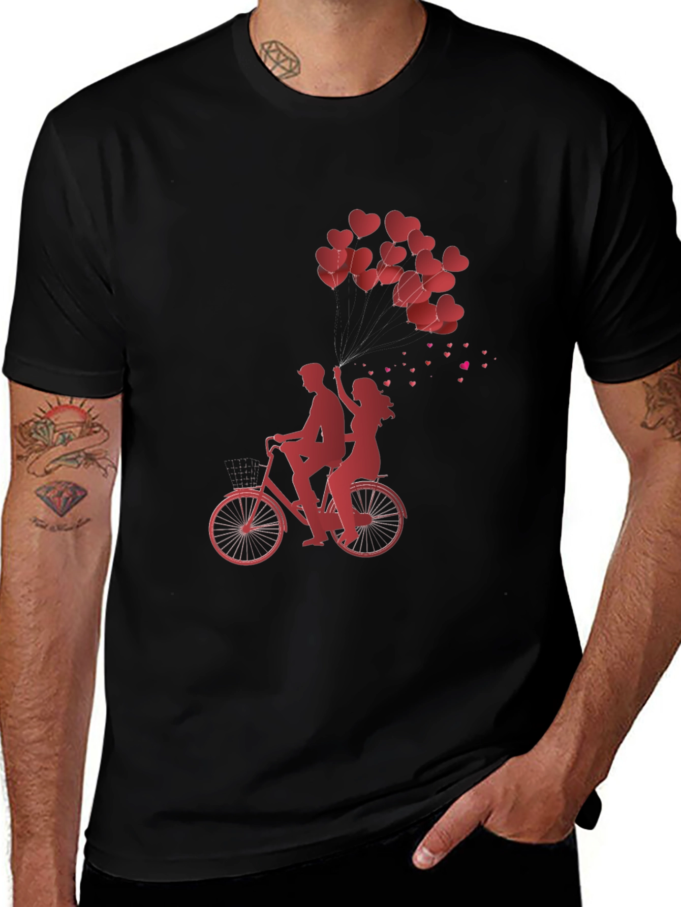 Romantic Couple Bike Ride Heart Balloons Black Tee