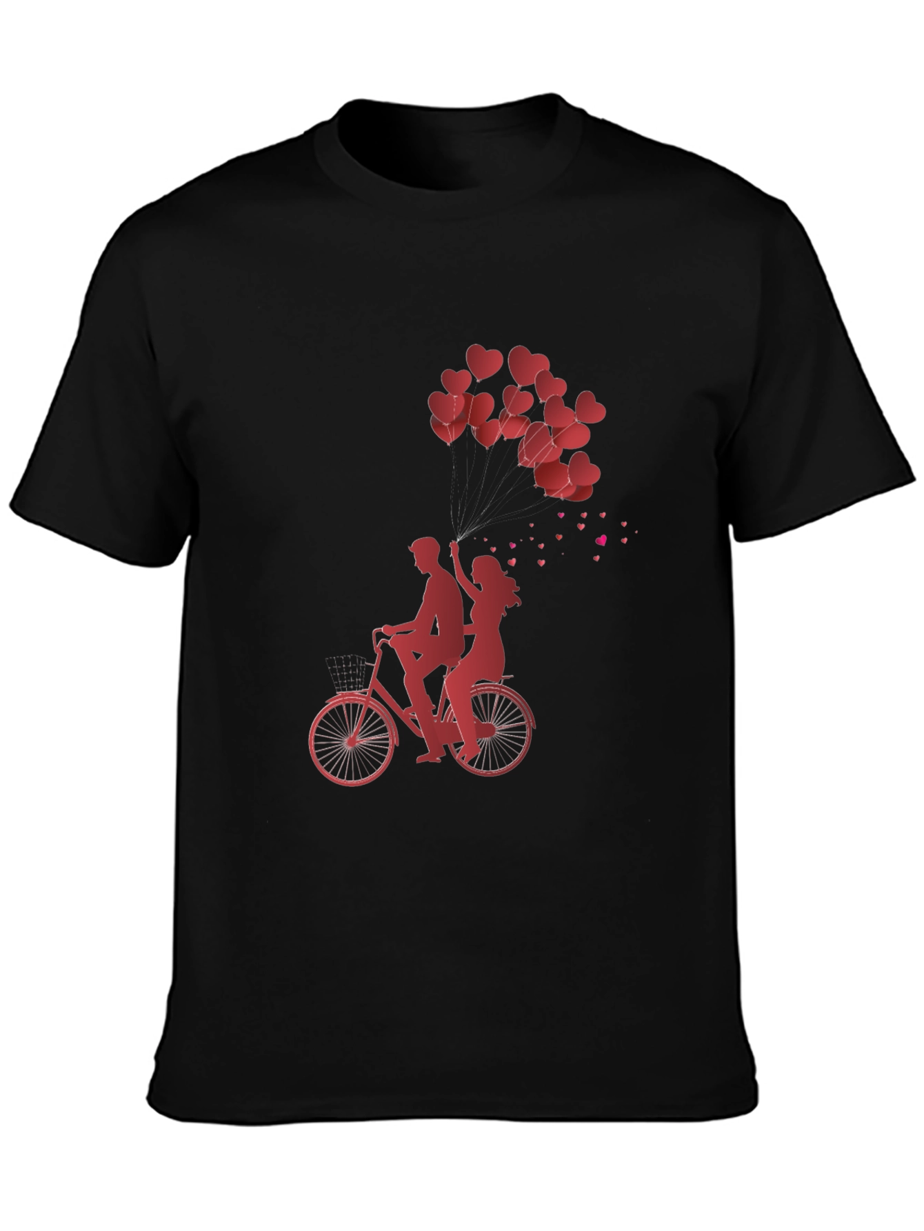 Romantic Couple Bike Ride Heart Balloons Black Tee