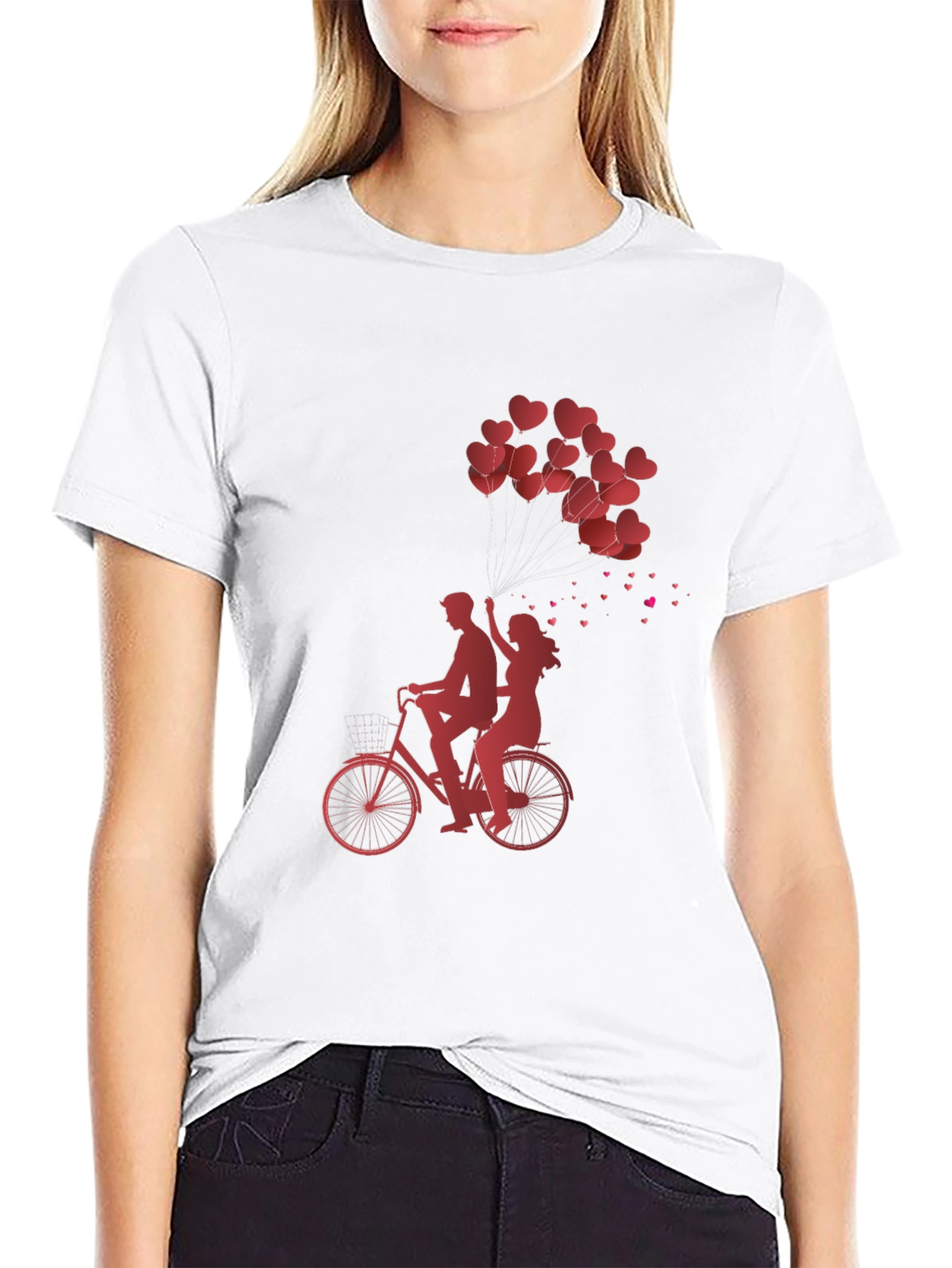 Romantic Couple Bike Ride Heart Balloons Black Tee