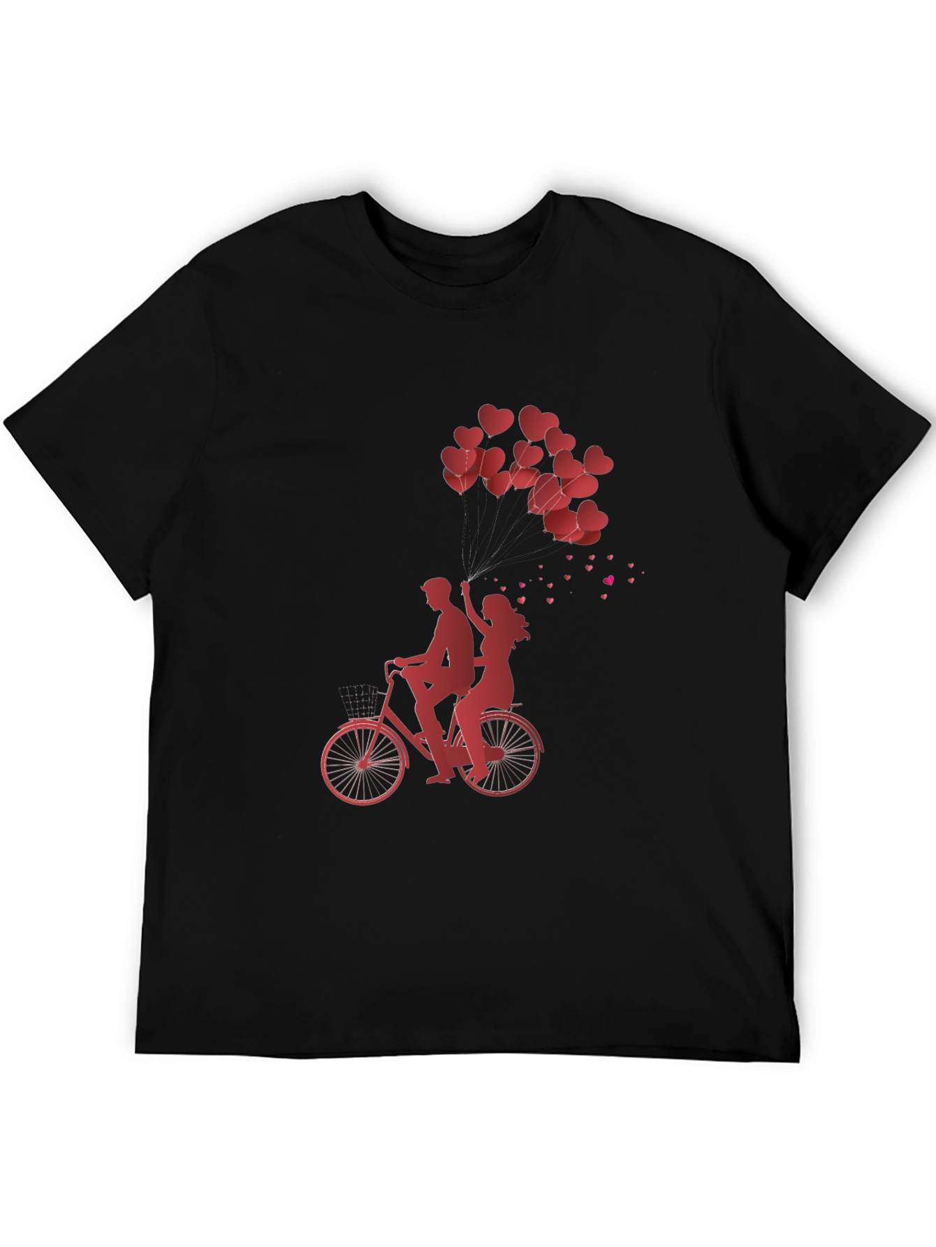 Romantic Couple Bike Ride Heart Balloons Black Tee