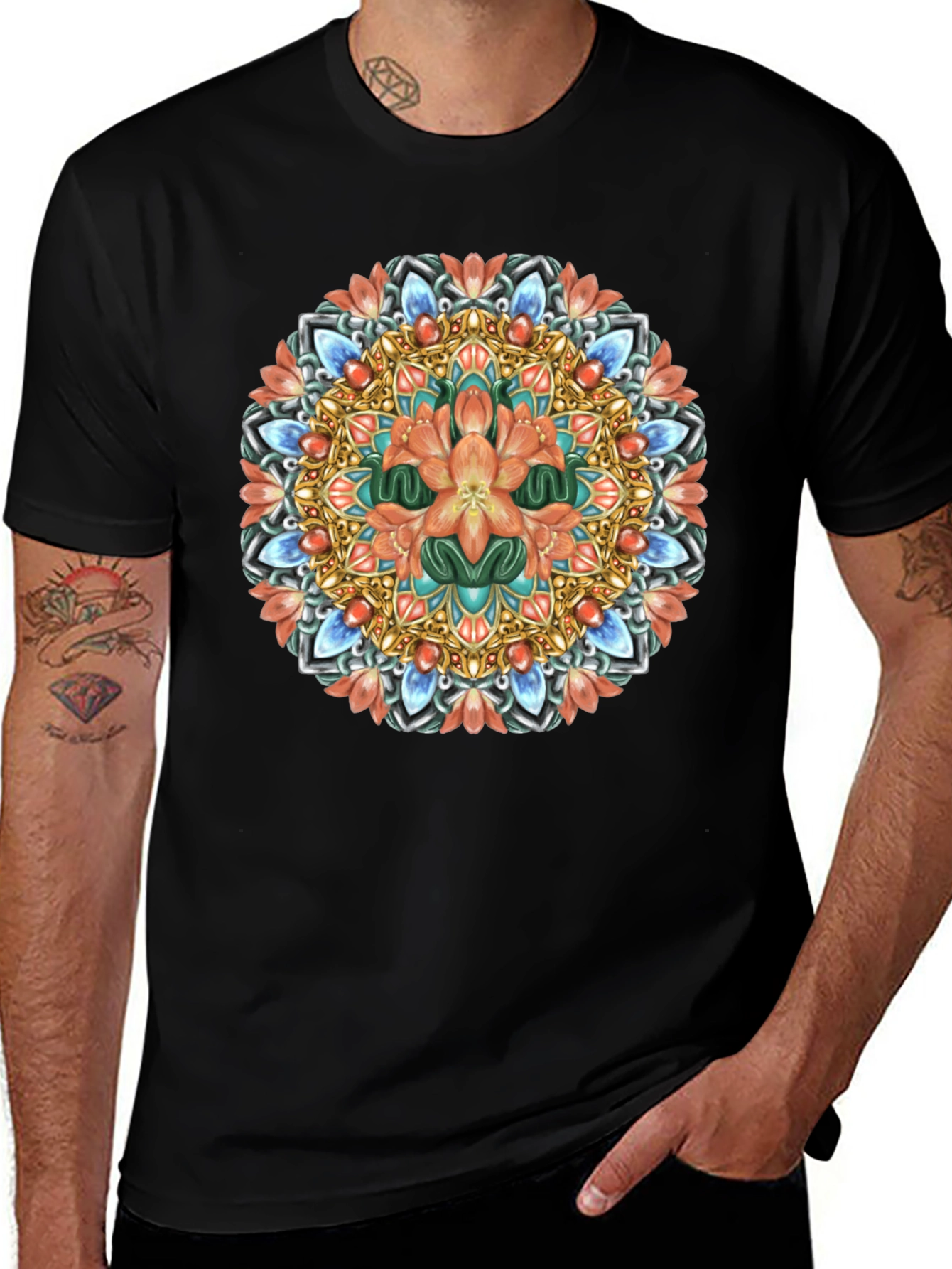 Floral Mandala Graphic Print Black T-Shirt
