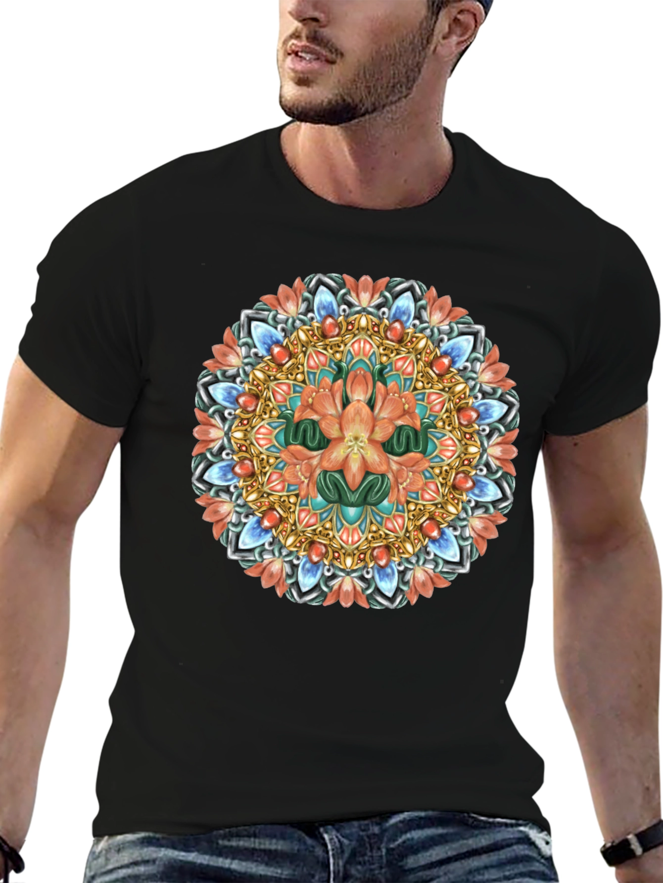 Floral Mandala Graphic Print Black T-Shirt