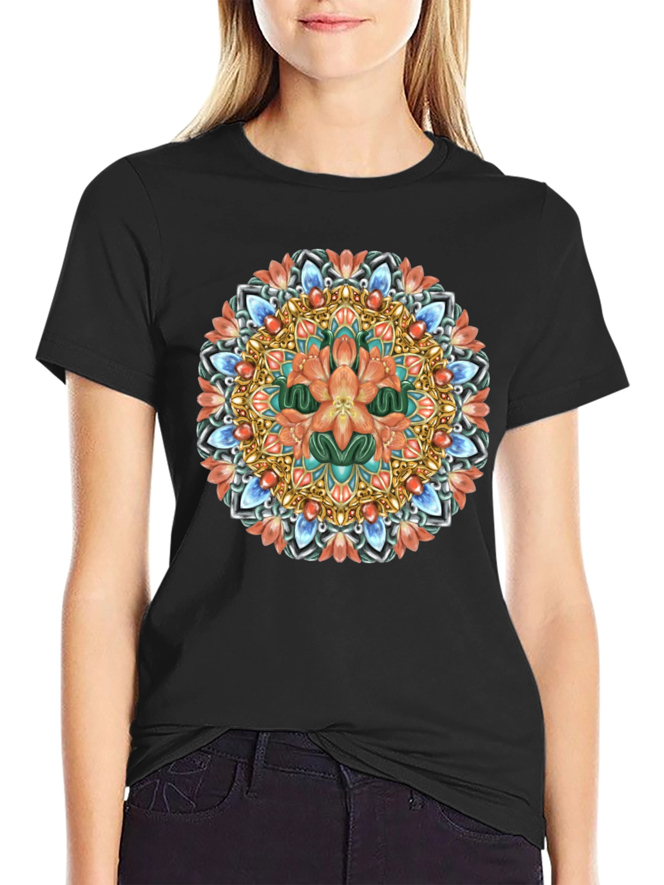 Floral Mandala Graphic Print Black T-Shirt