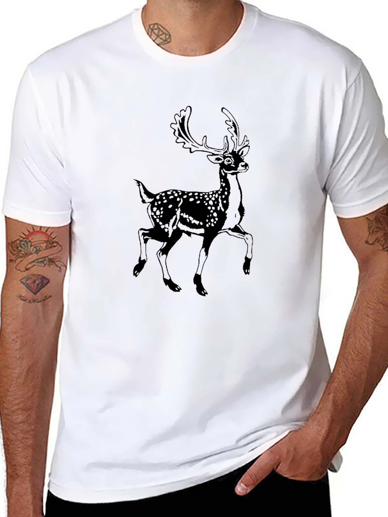 Mens Black T-Shirt with Deer Graphic